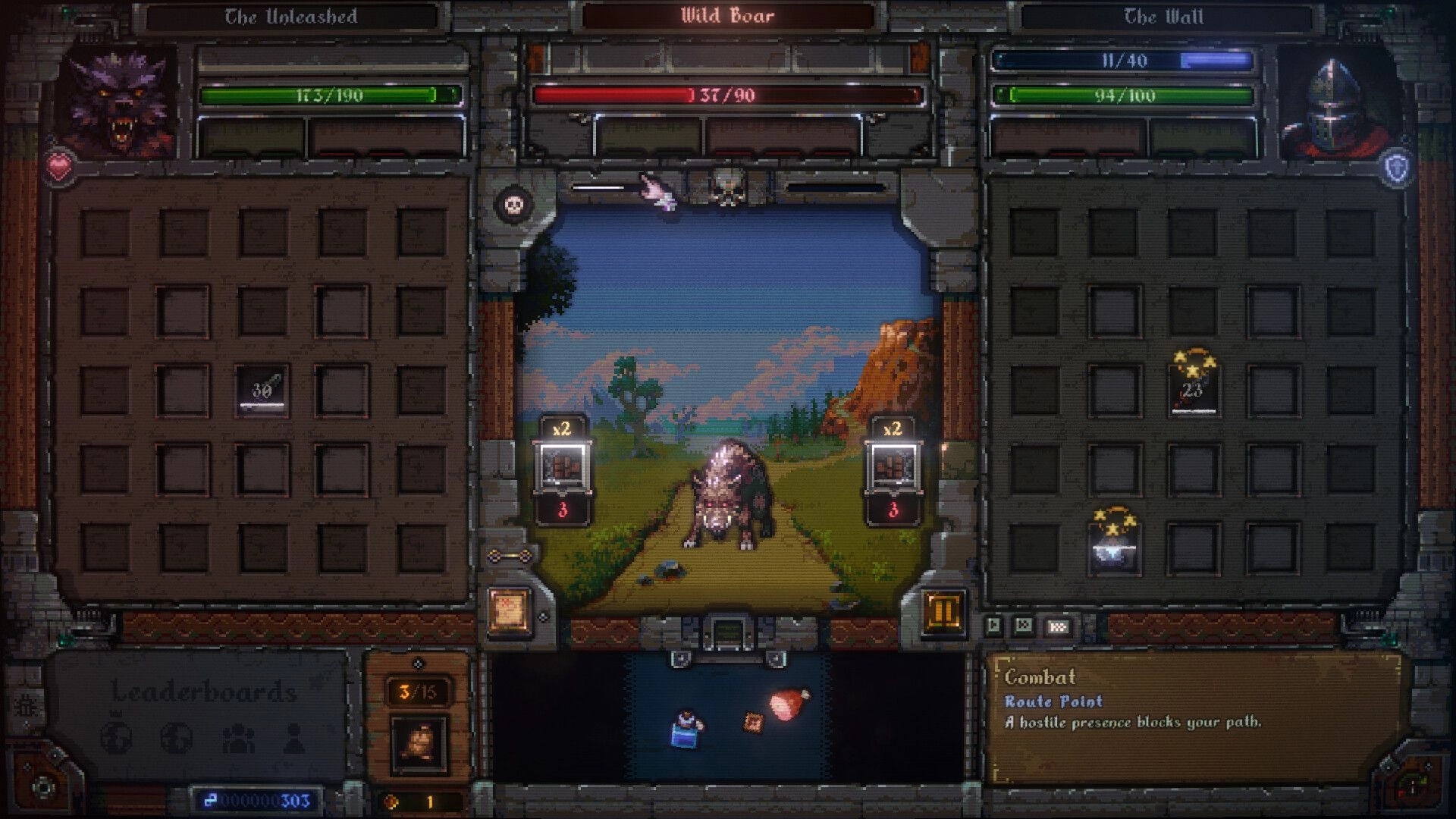 Rogues & Fate: Wild Boar combat screen with two hero inventories and health bars on a forest road.