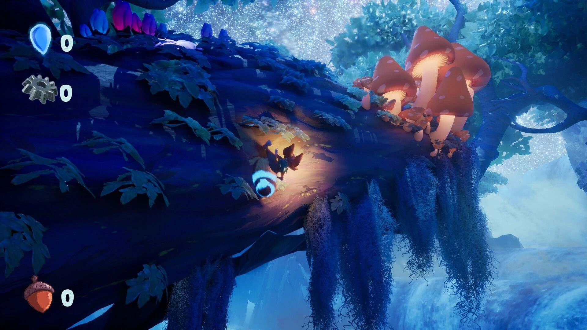 Rolic: Small fox-like hero climbs a giant tree branch past glowing mushrooms under starry sky UI counters on left.