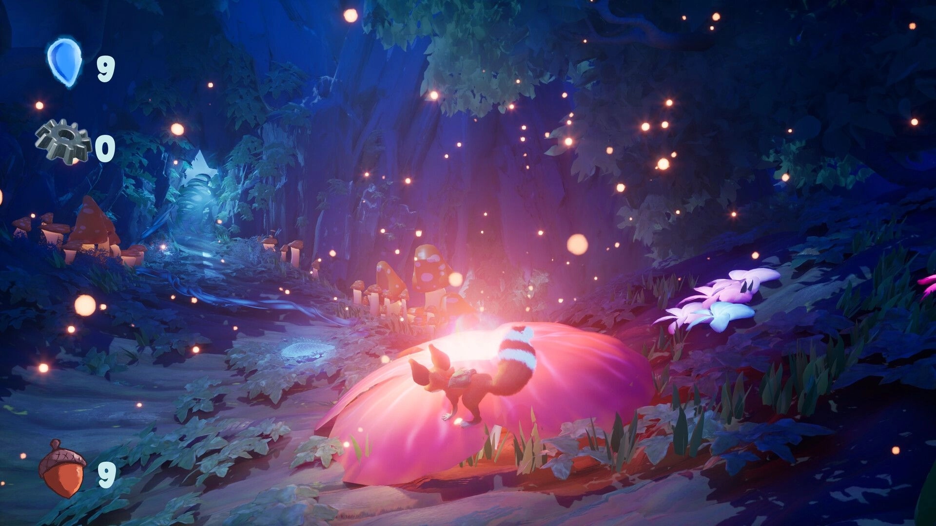 Rolic: Fox-like character stands on a glowing pink mushroom in a firefly-lit forest clearing UI counters visible.