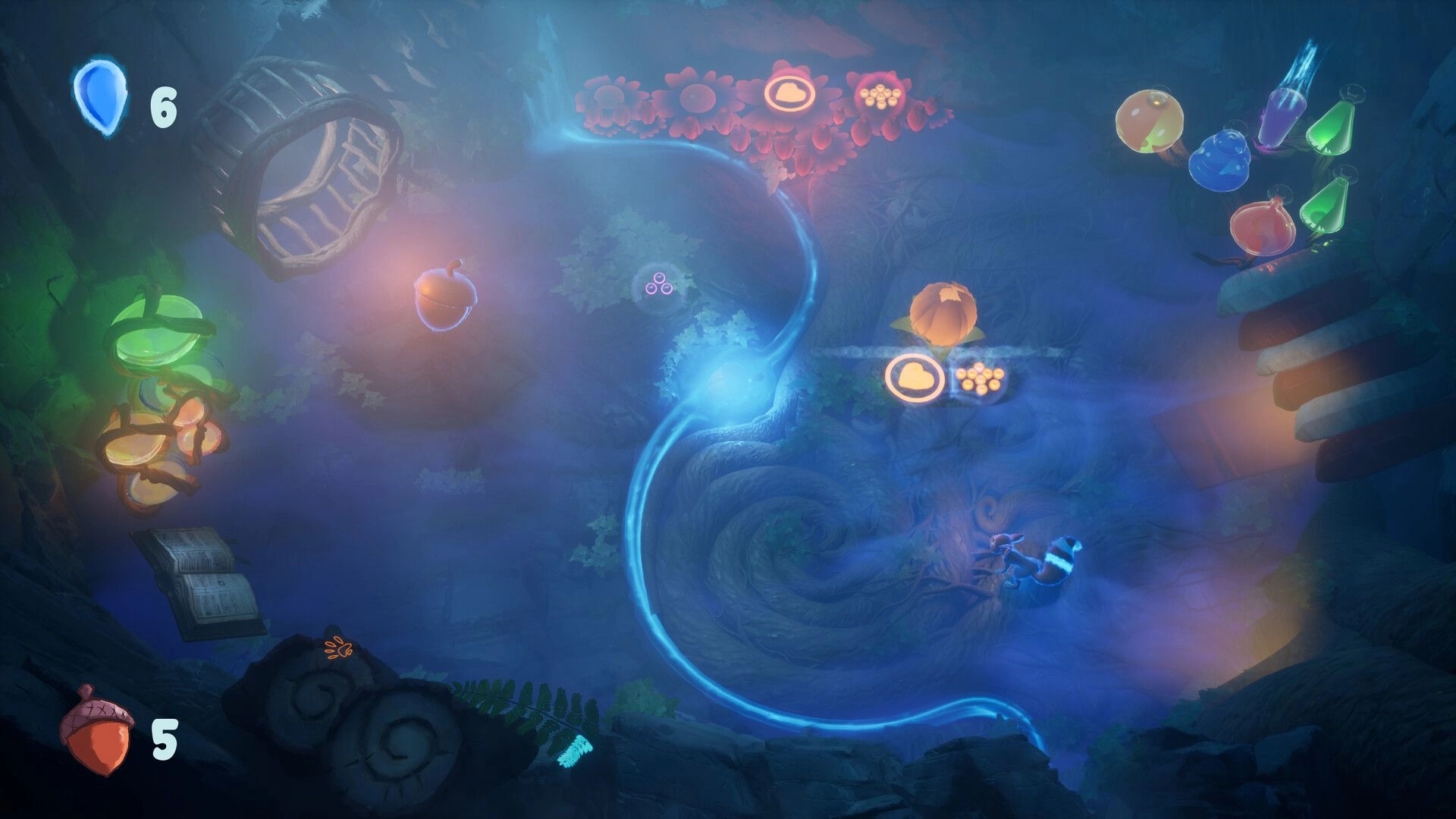 Rolic: Glowing blue river path with acorns and potion icons in a misty forest cavern HUD counters.