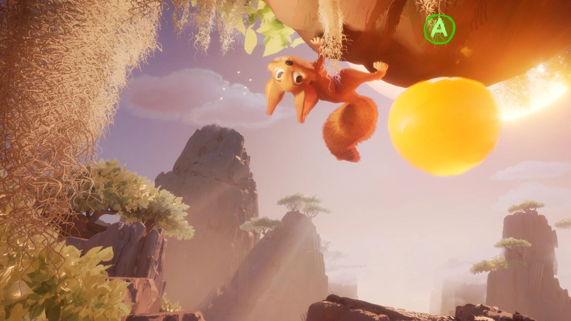 Rolic: Squirrel-like creature hangs from a branch beside a glowing orb in a misty cliff valley UI icon A.