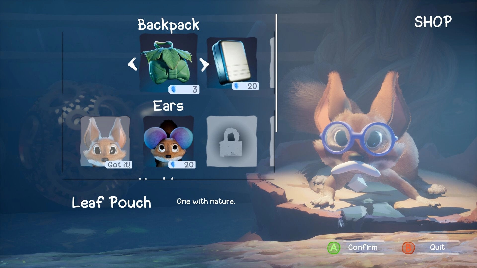 Rolic: Shop menu with backpack and ears cosmetics prices beside a goggle-wearing fox vendor in cave.