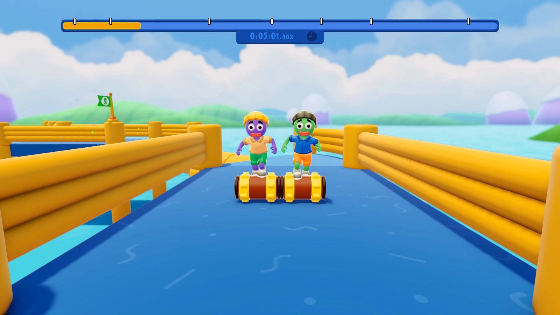 Roll Together: Two co-op characters balancing on a rolling cylinder on a blue track over water.
