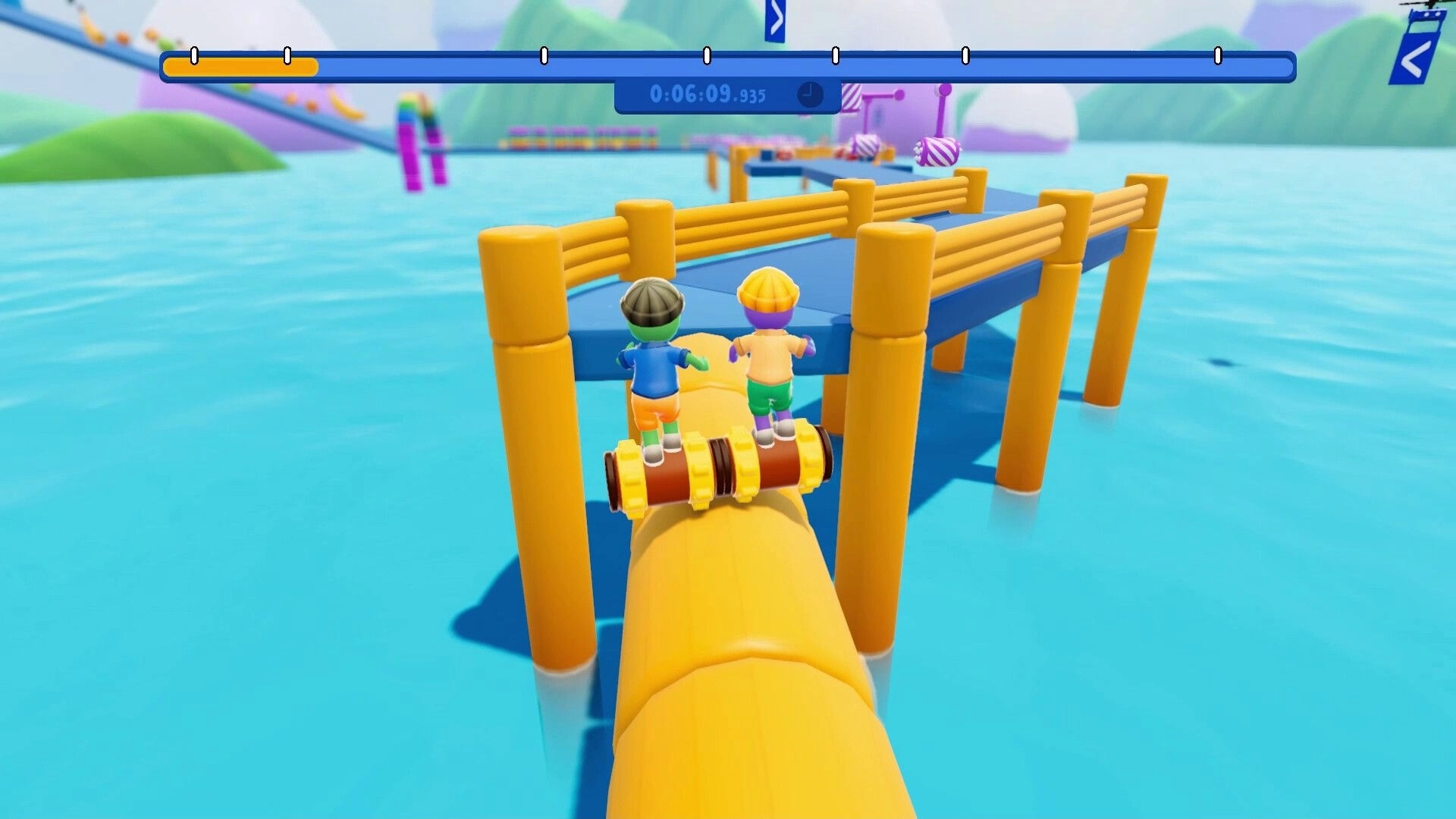 Roll Together: Two players balance on a rolling cylinder toward a pier obstacle course over water.