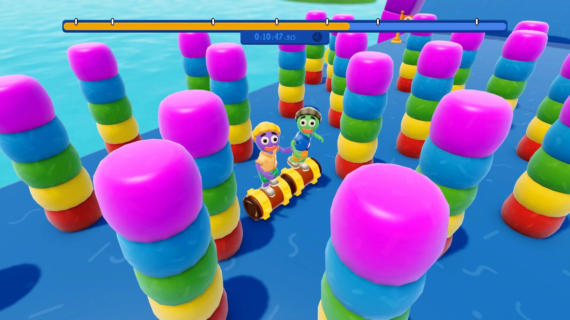 Roll Together: Two co-op characters balance on a rolling cylinder amid colorful pillar maze on blue course.