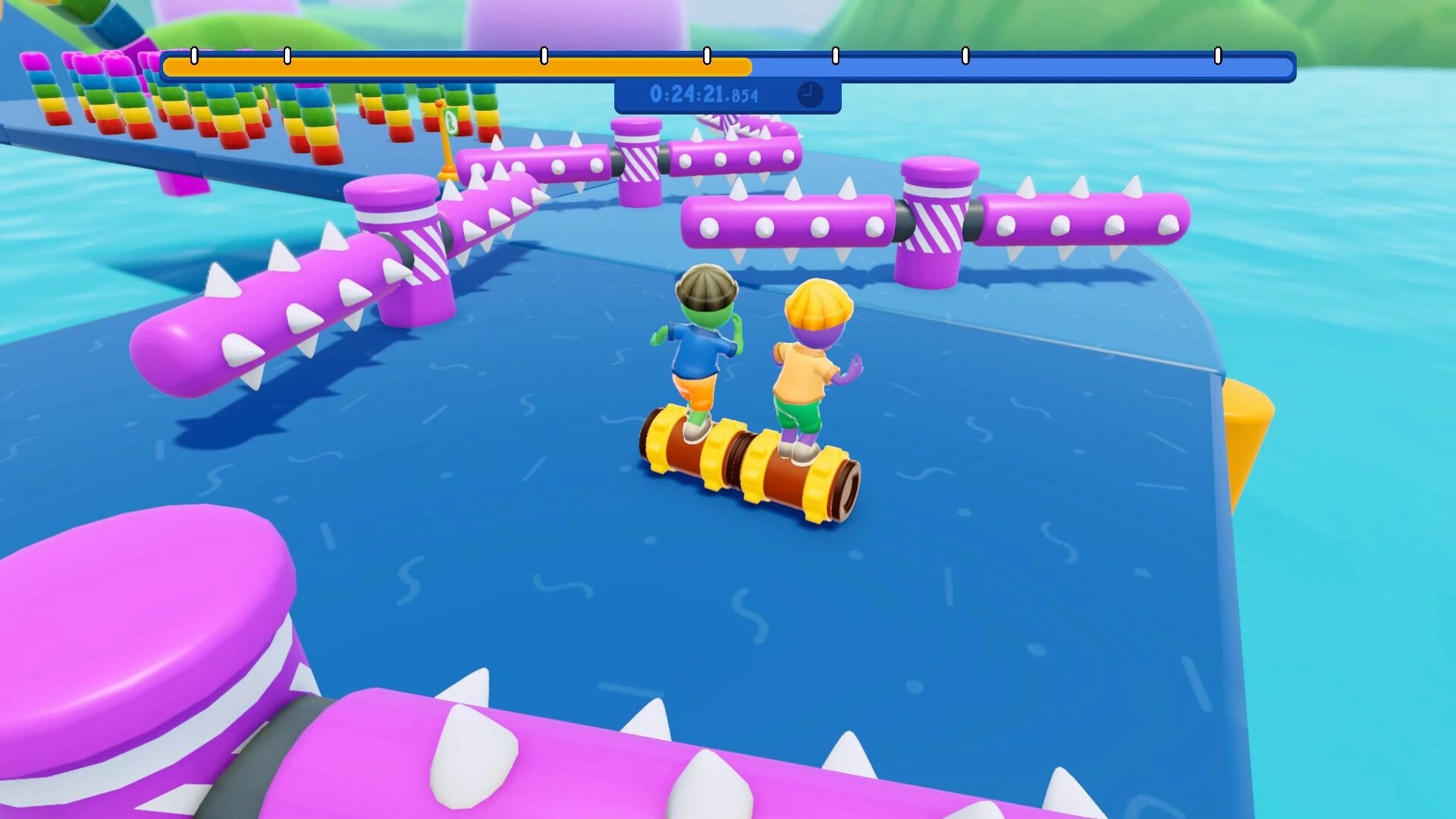 Roll Together: Two players balance on a rolling barrel dodging spiked pink sweepers on a blue track.