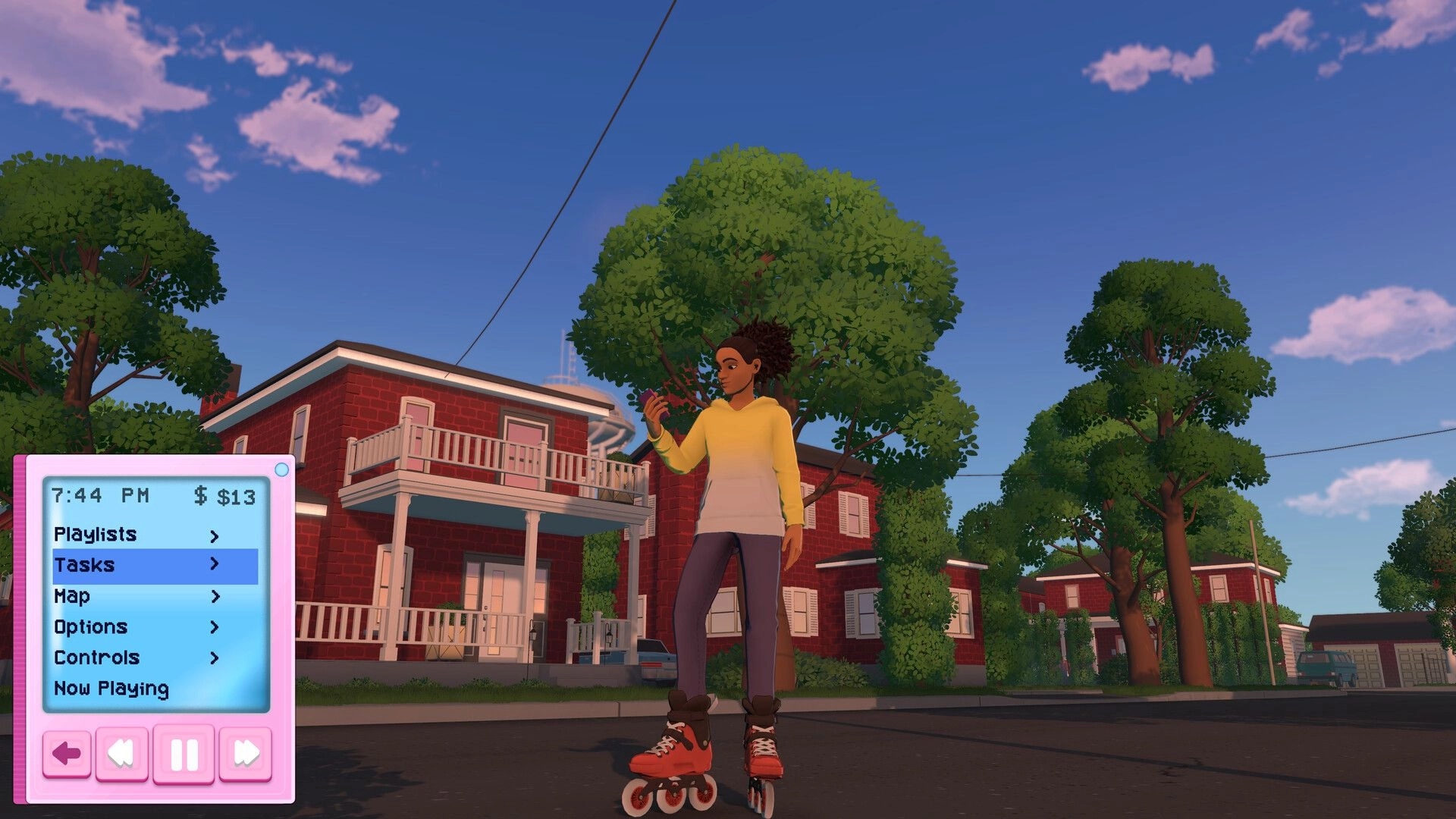 RollerGirl: Skater checks MP3 menu with playlists and tasks on a sunny suburban street at dusk.