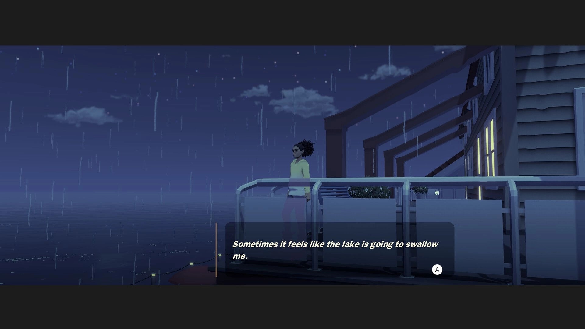 RollerGirl: Character stands on rainy lakeside balcony with dialogue subtitle and A button prompt at night.