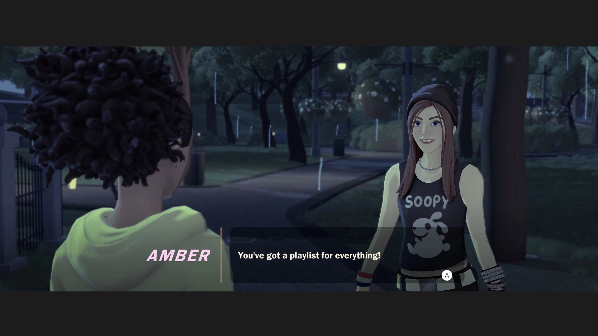 RollerGirl: Dialogue with Amber about playlists on a rainy park path at night, A prompt visible.