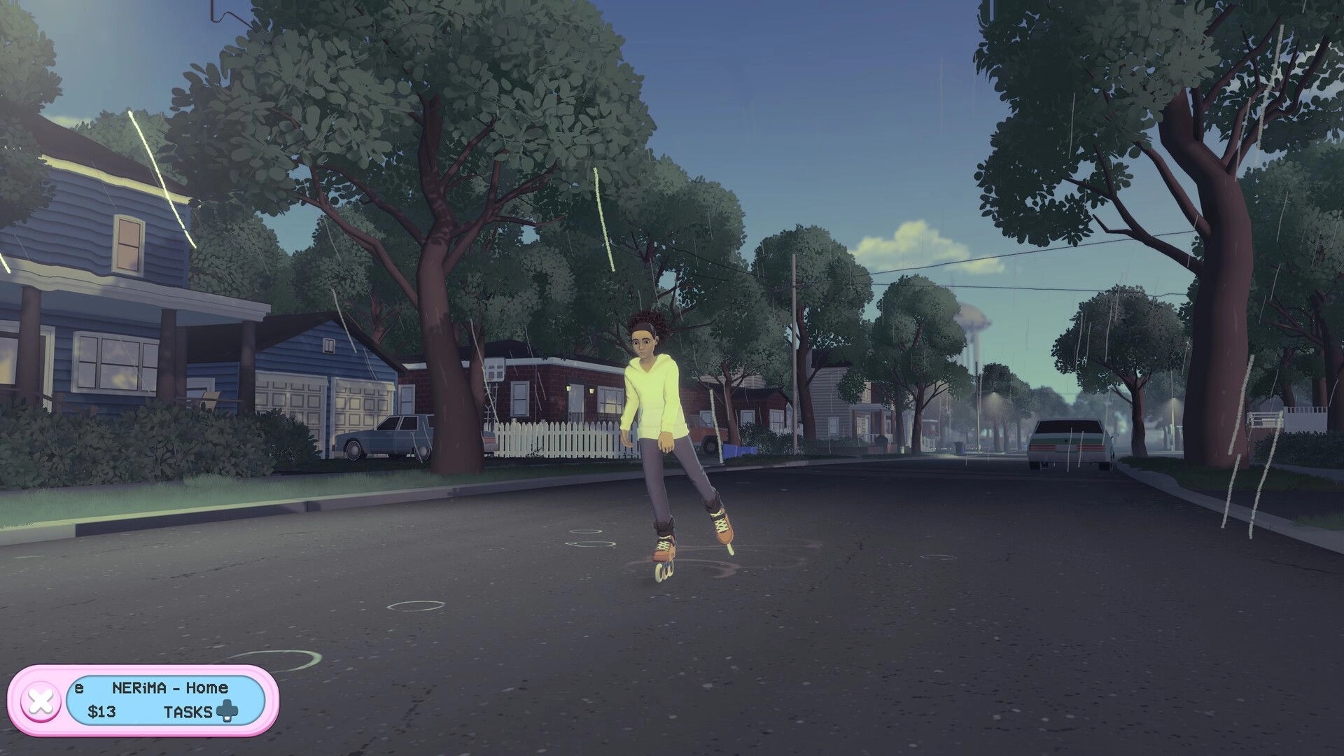 RollerGirl: Skater glides down rainy suburban street past houses and trees, HUD shows Nerima Home $13 tasks.