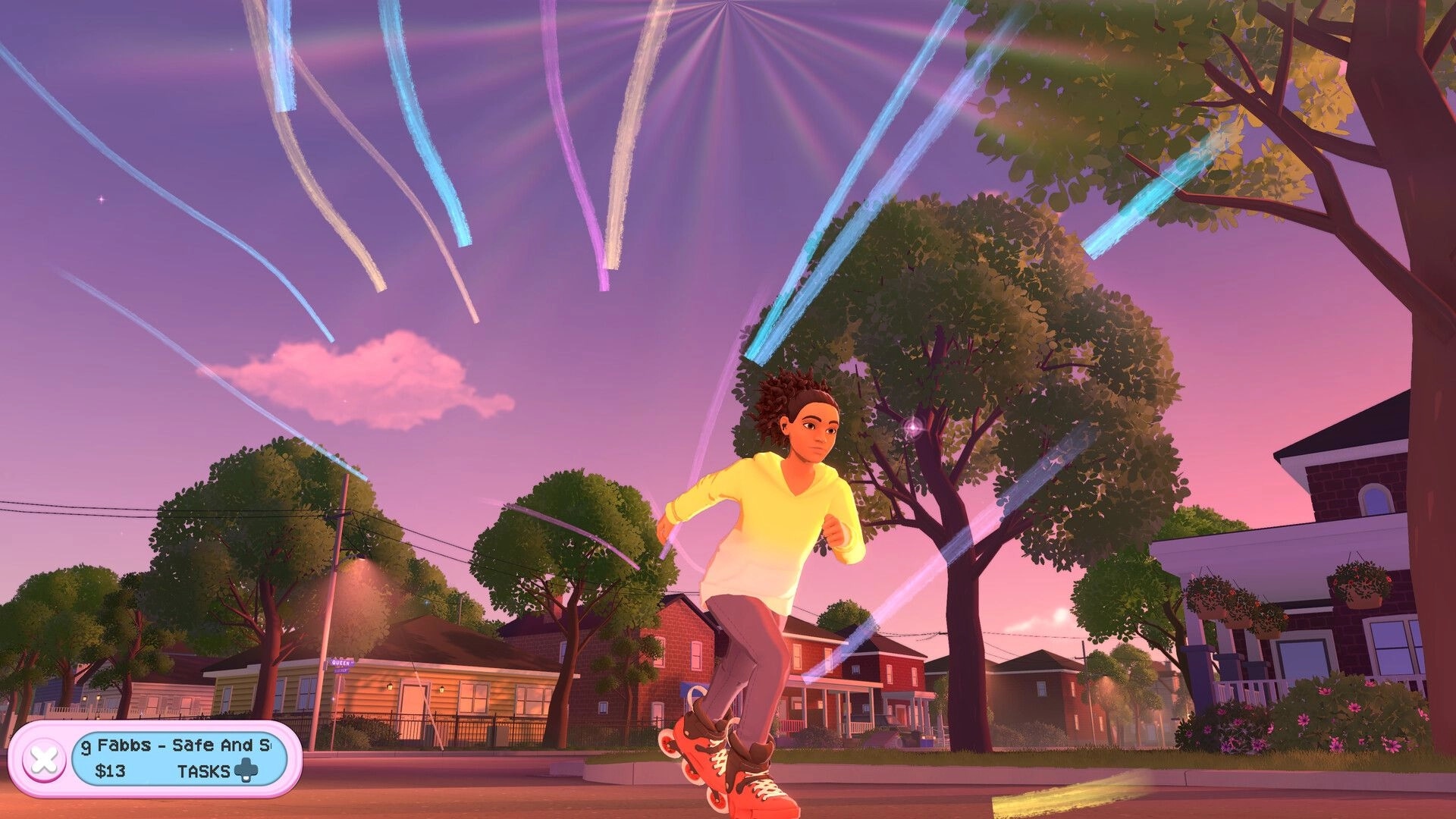 RollerGirl: Skater gliding down a suburban street at sunset with music HUD and tasks button visible.