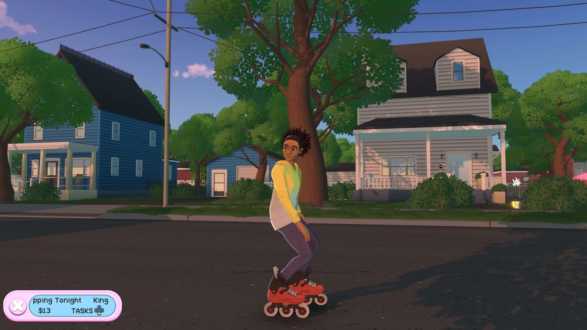 RollerGirl: Skater coasts on suburban street past houses and trees, with task HUD showing $13 and tasks.