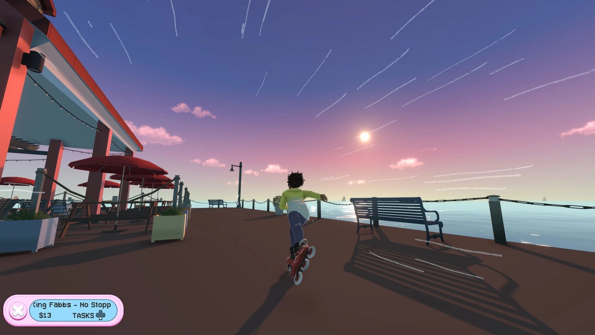 RollerGirl: Skater glides along seaside boardwalk at sunset, with music HUD and tasks button visible.