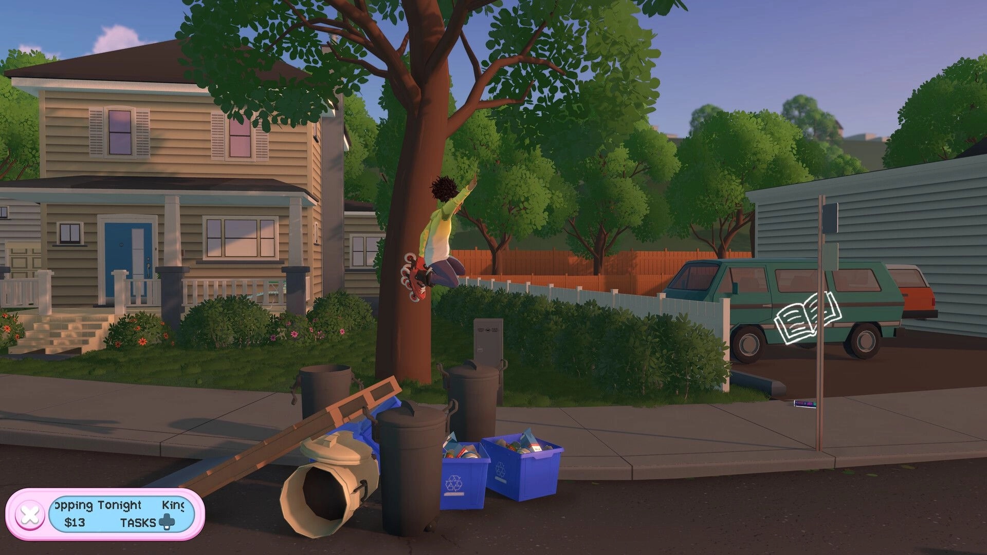 RollerGirl: Skater wallrides up a tree by a suburban house, with task HUD and book icon marker nearby.