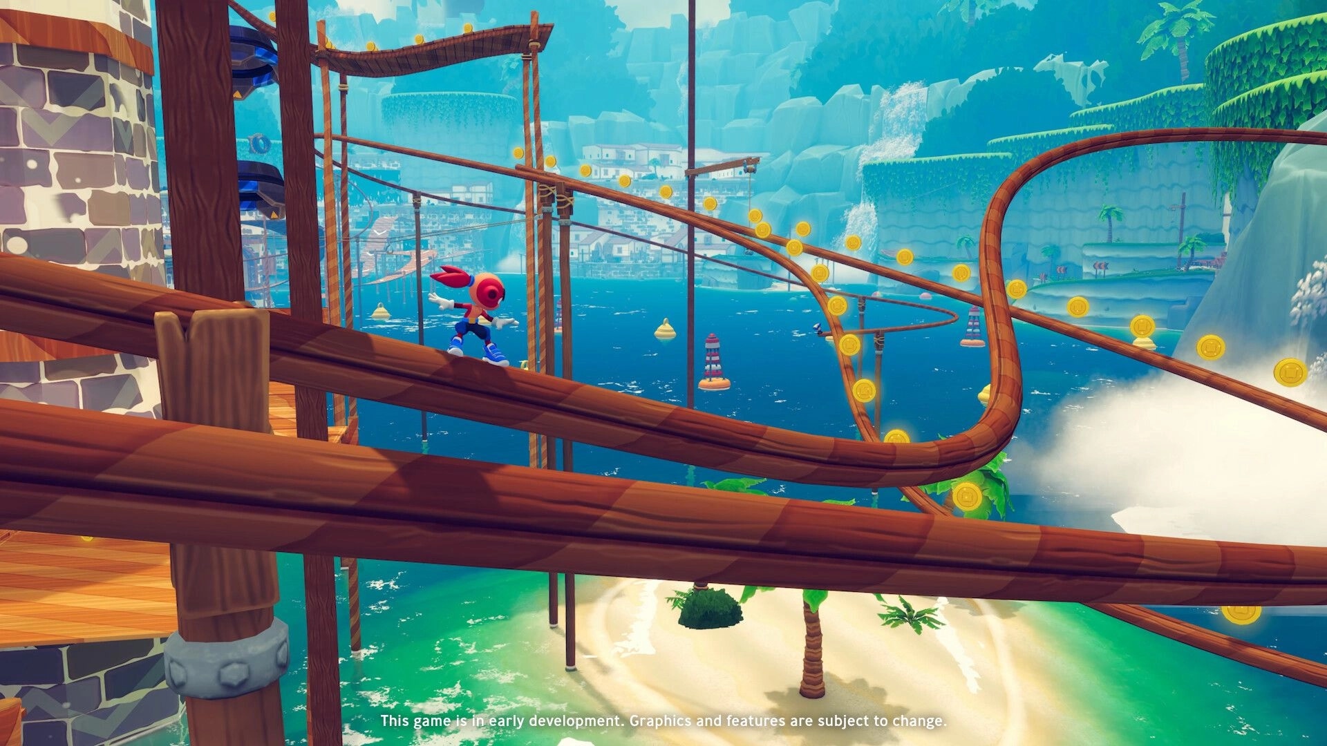 Rollin' Rascal: Hero balances on wooden rail beside coin trail over tropical bay and cliffs.