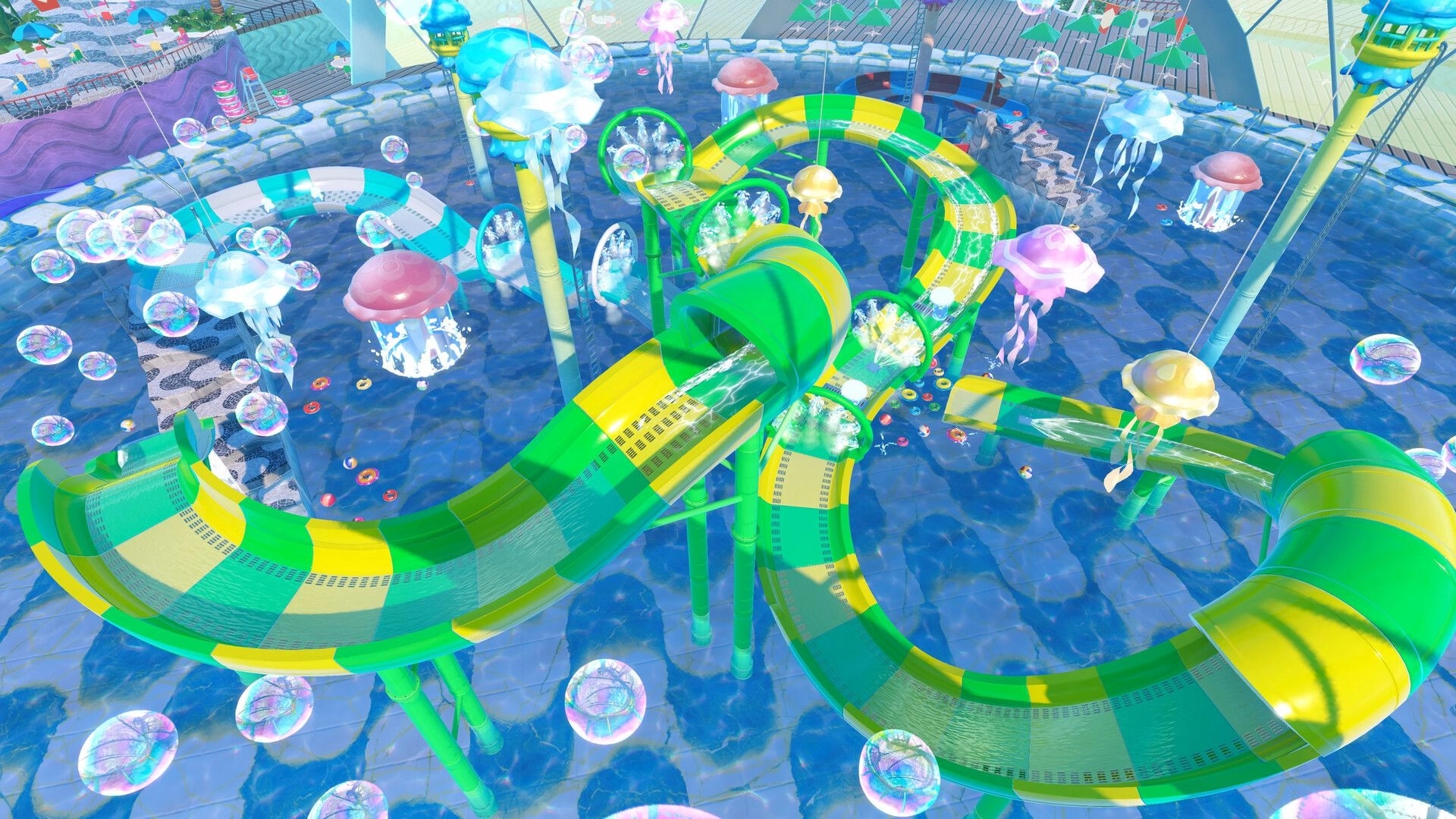Rollin' Rascal: Twisting green-and-yellow water slide tubes amid floating jellyfish and bubbles pool arena.