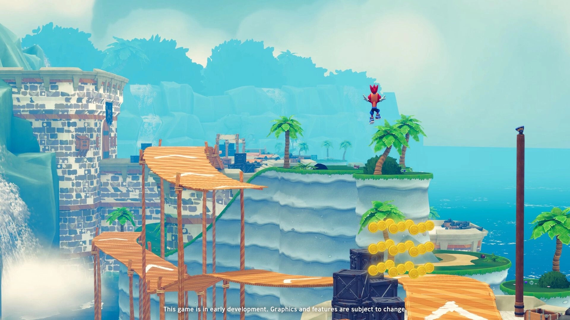 Rollin' Rascal: Hero leaps over stacked crates and coin rings on seaside cliffs with palm trees.