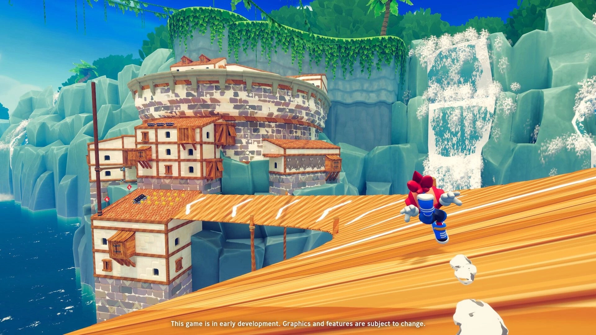 Rollin' Rascal: Character sprinting down a wooden ramp past cliffside buildings and waterfall coast.