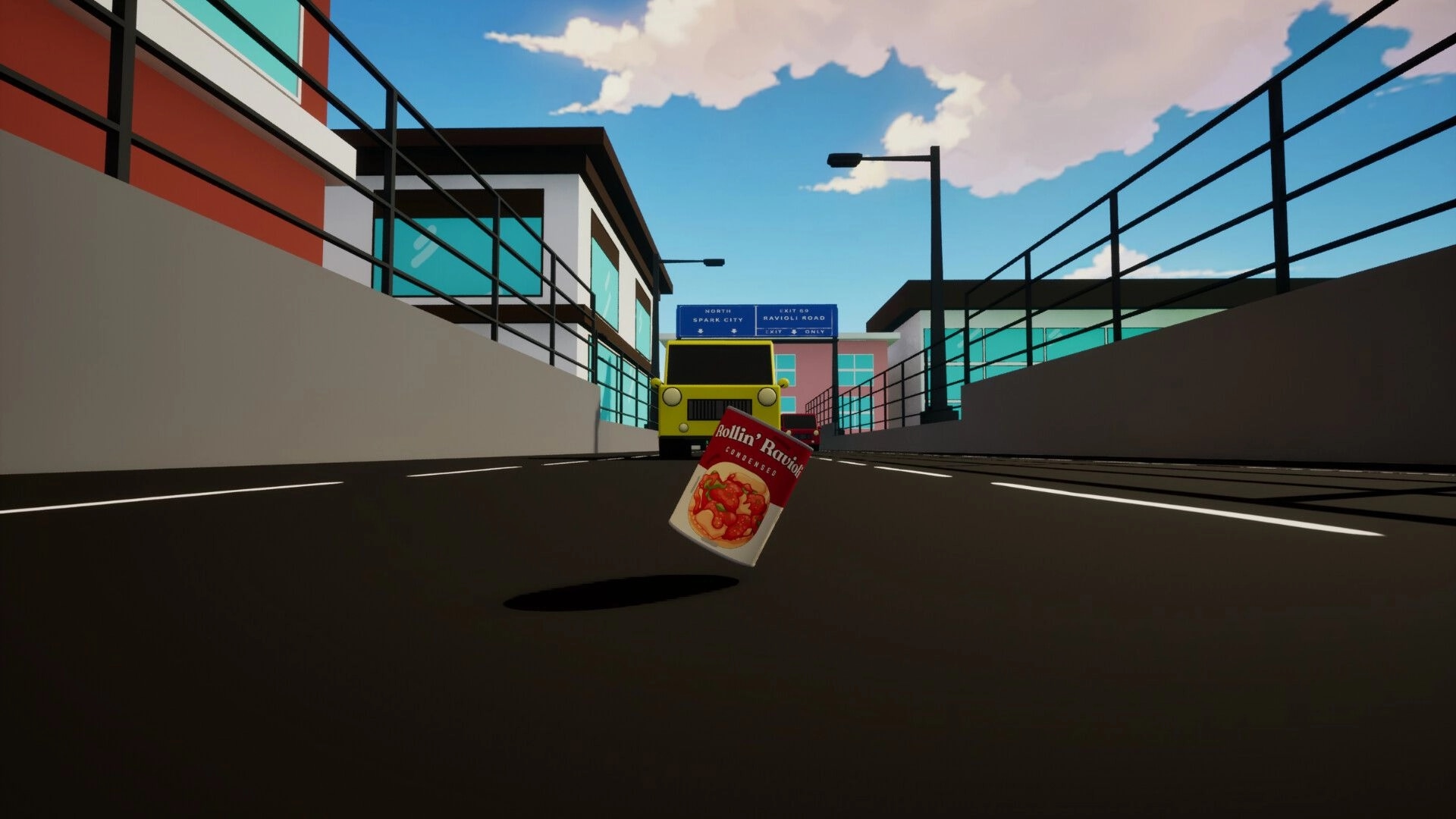 Rollin' Ravioli: Ravioli can tumbling on highway lane with bus ahead in a bright city underpass.