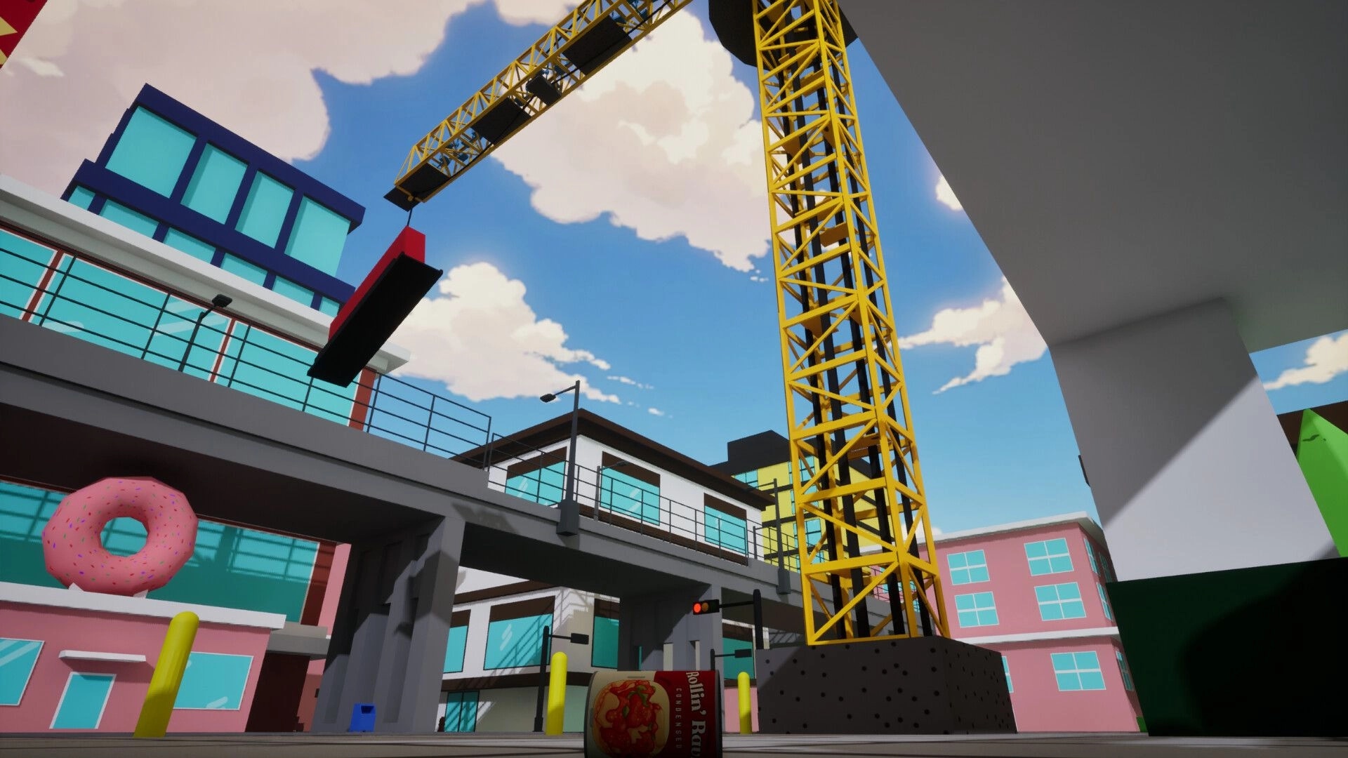 Rollin' Ravioli: Ravioli can by a tall yellow crane and overpass in a bright city construction zone.