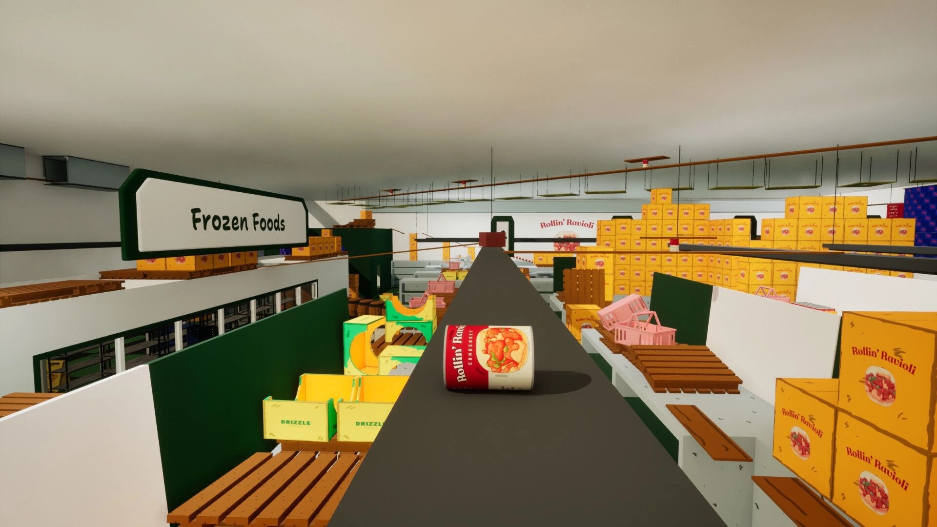 Rollin' Ravioli: Ravioli can balanced on narrow beam above frozen foods aisle with stacked boxes.