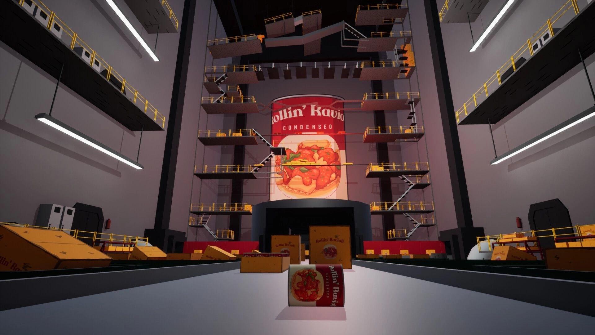 Rollin' Ravioli: Ravioli can on conveyor facing giant can billboard in a tall factory with catwalks.
