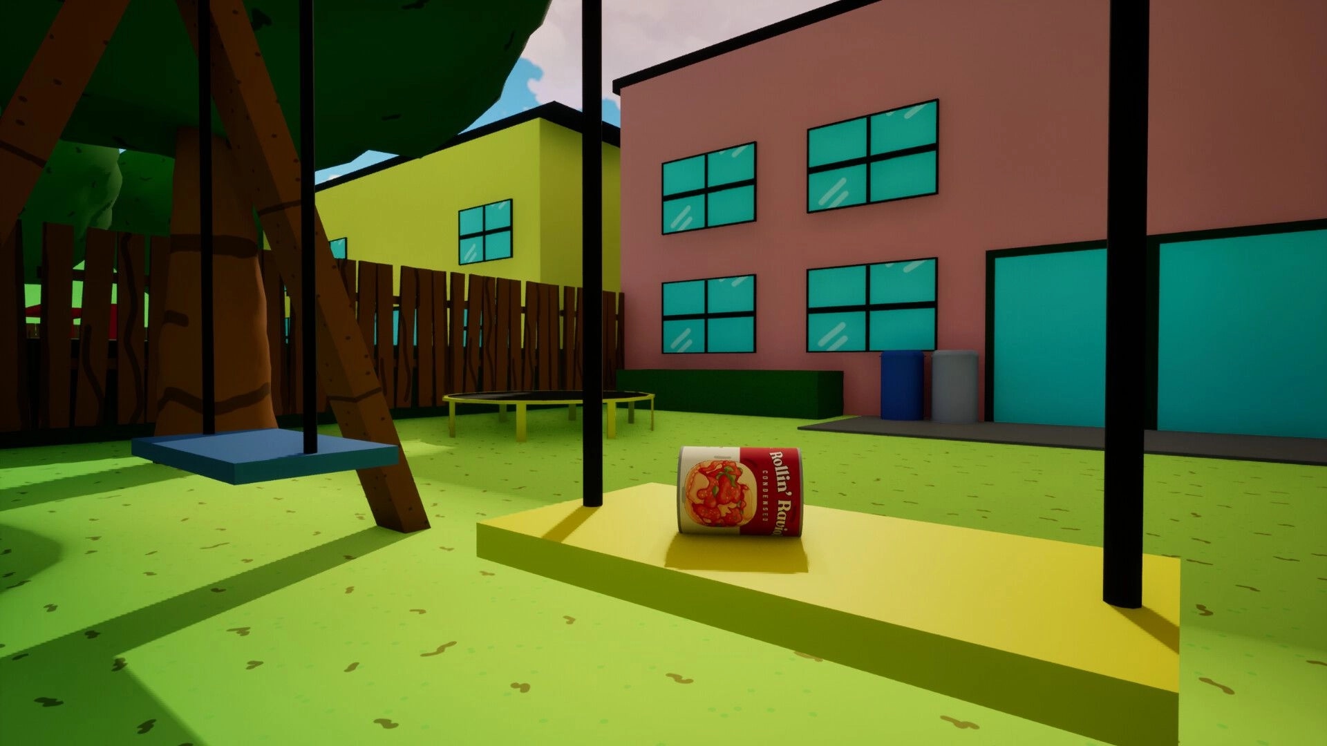 Rollin' Ravioli: ravioli can on yellow swing seat in a backyard playground beside colorful houses.