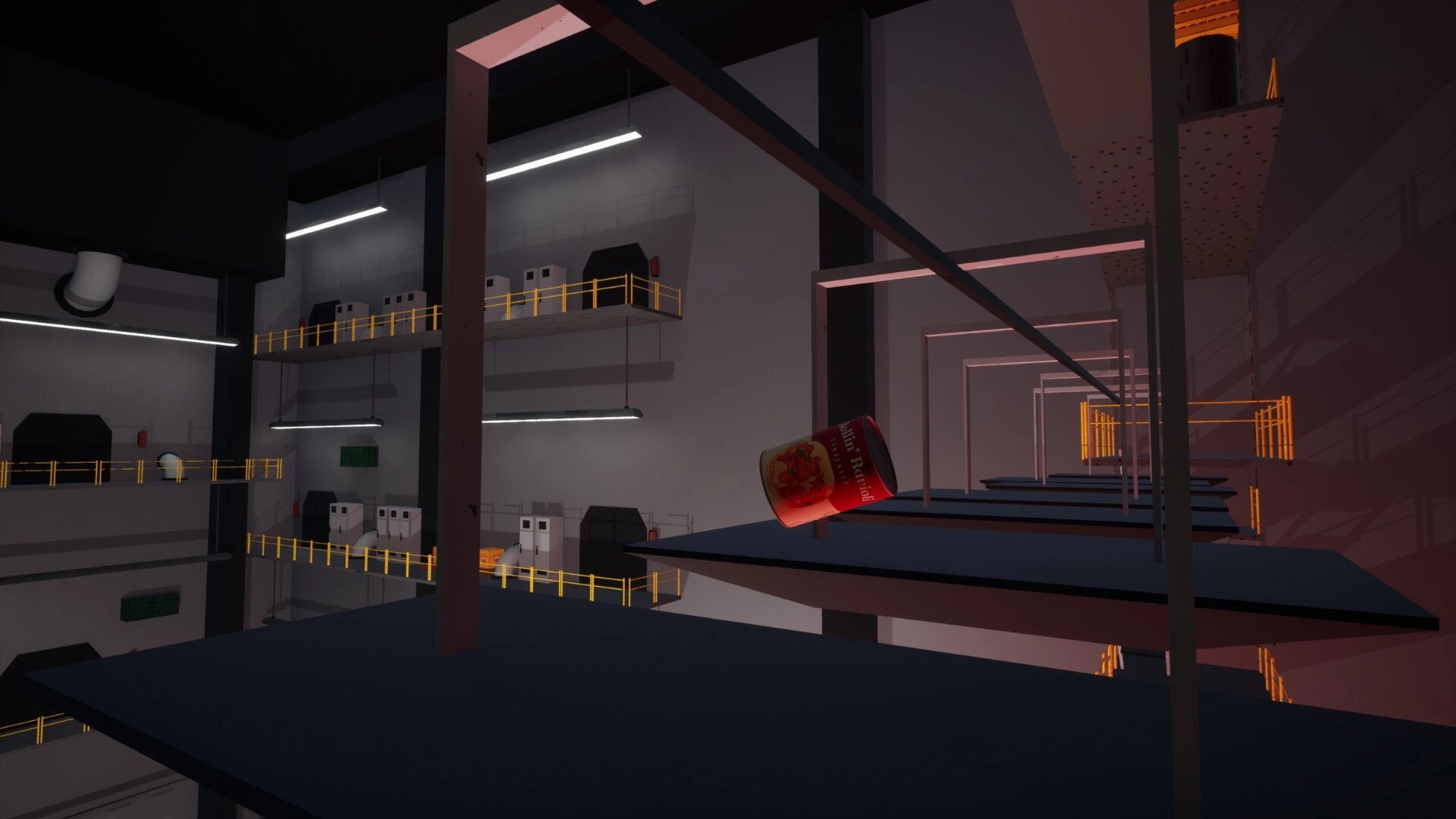 Rollin' Ravioli: Ravioli can teeters on narrow platforms in a tall industrial shaft with catwalks.
