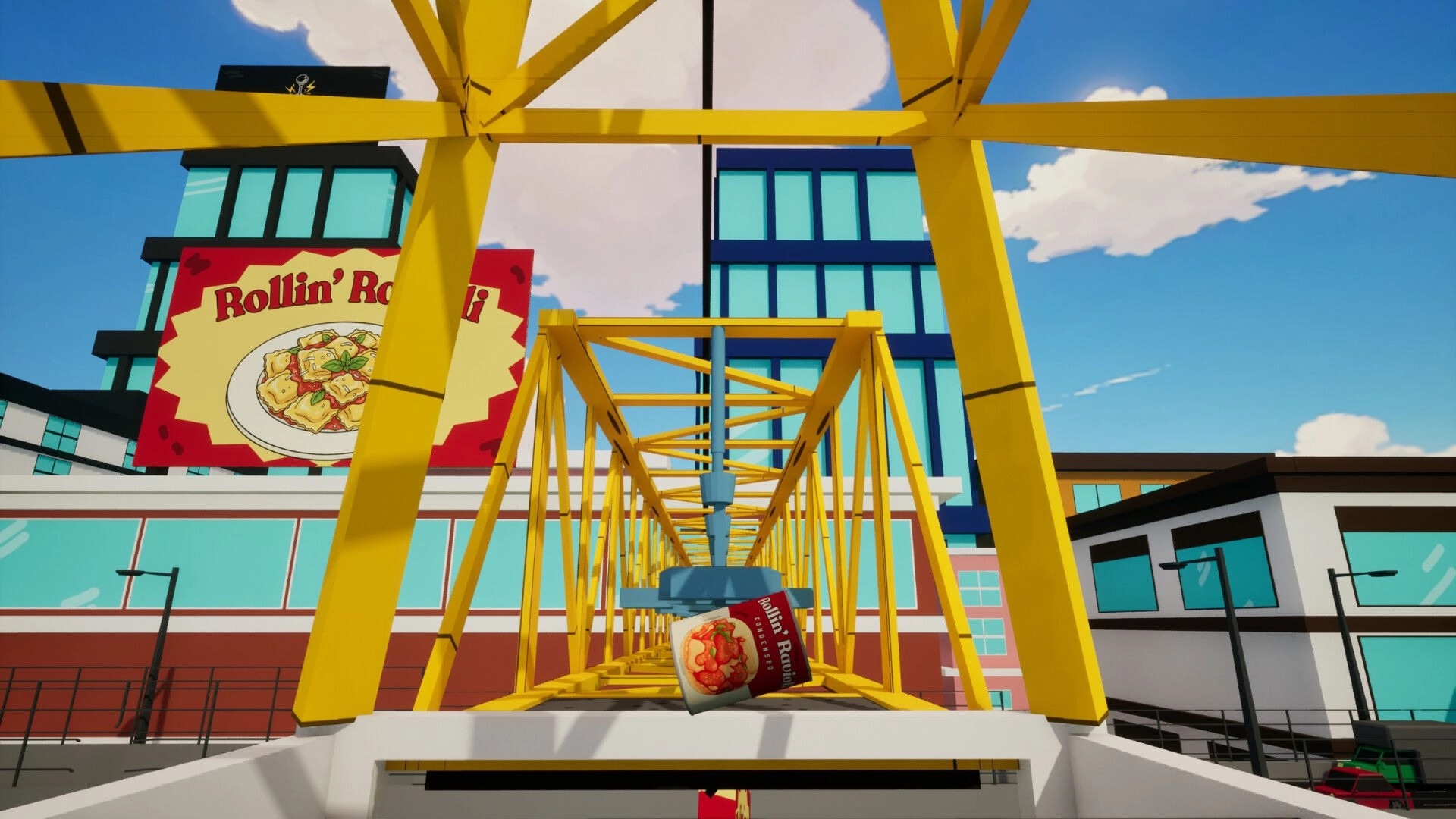 Rollin' Ravioli: Ravioli can balanced in yellow crane truss above city buildings and billboard sky.
