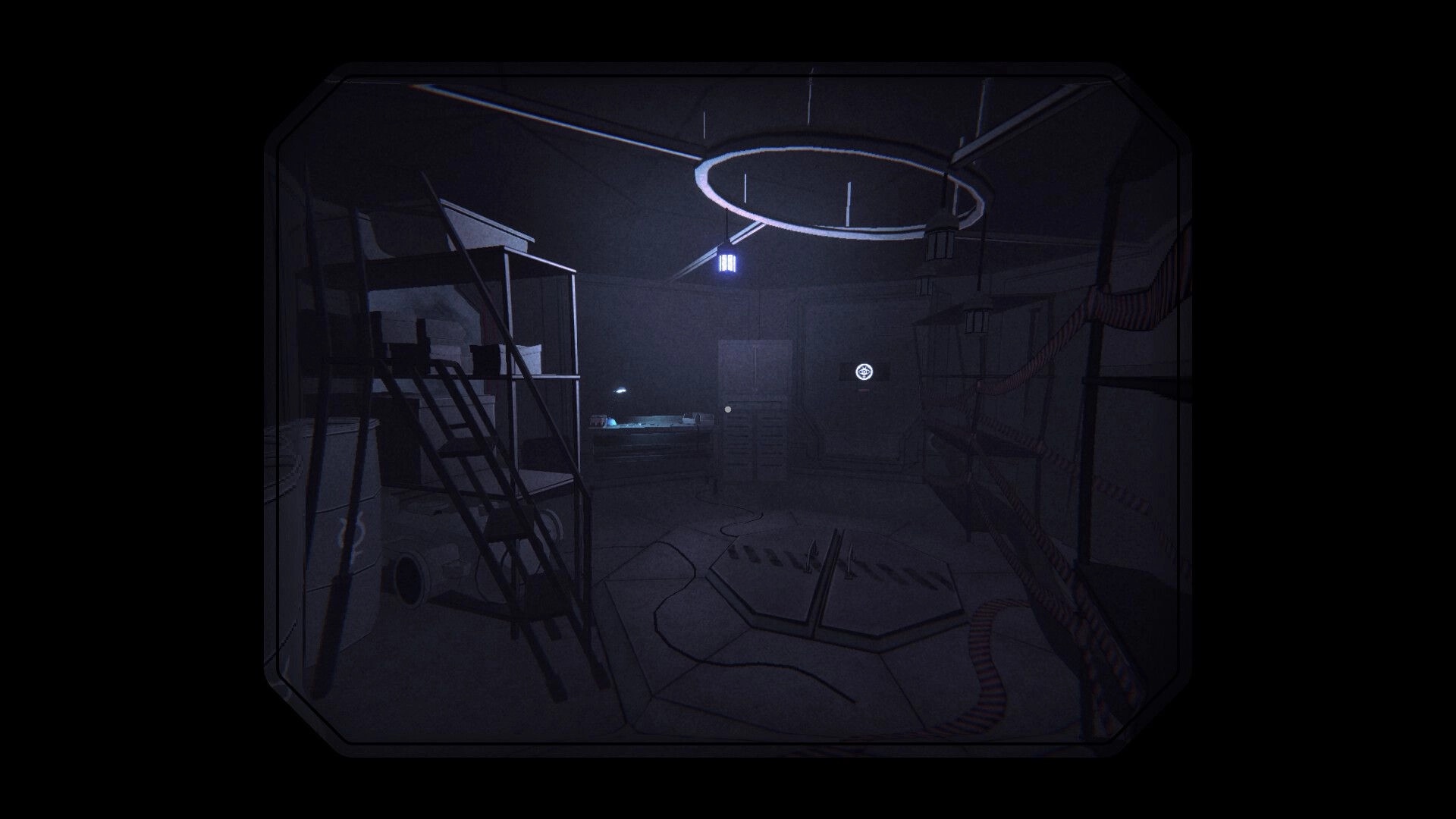 Roman Sands RE: Dimly lit control room with scattered cables, a ladder, and glowing circular ceiling light
