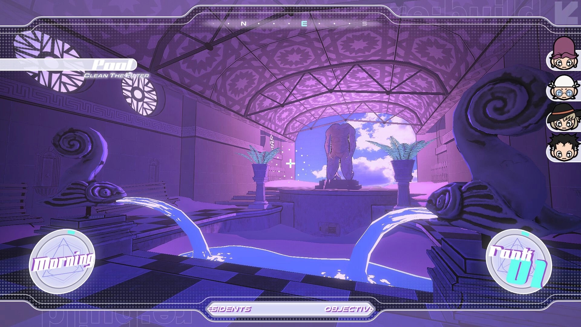 Roman Sands RE: Indoor pool area with statues, purple lighting, and objective to clean the filter visible.