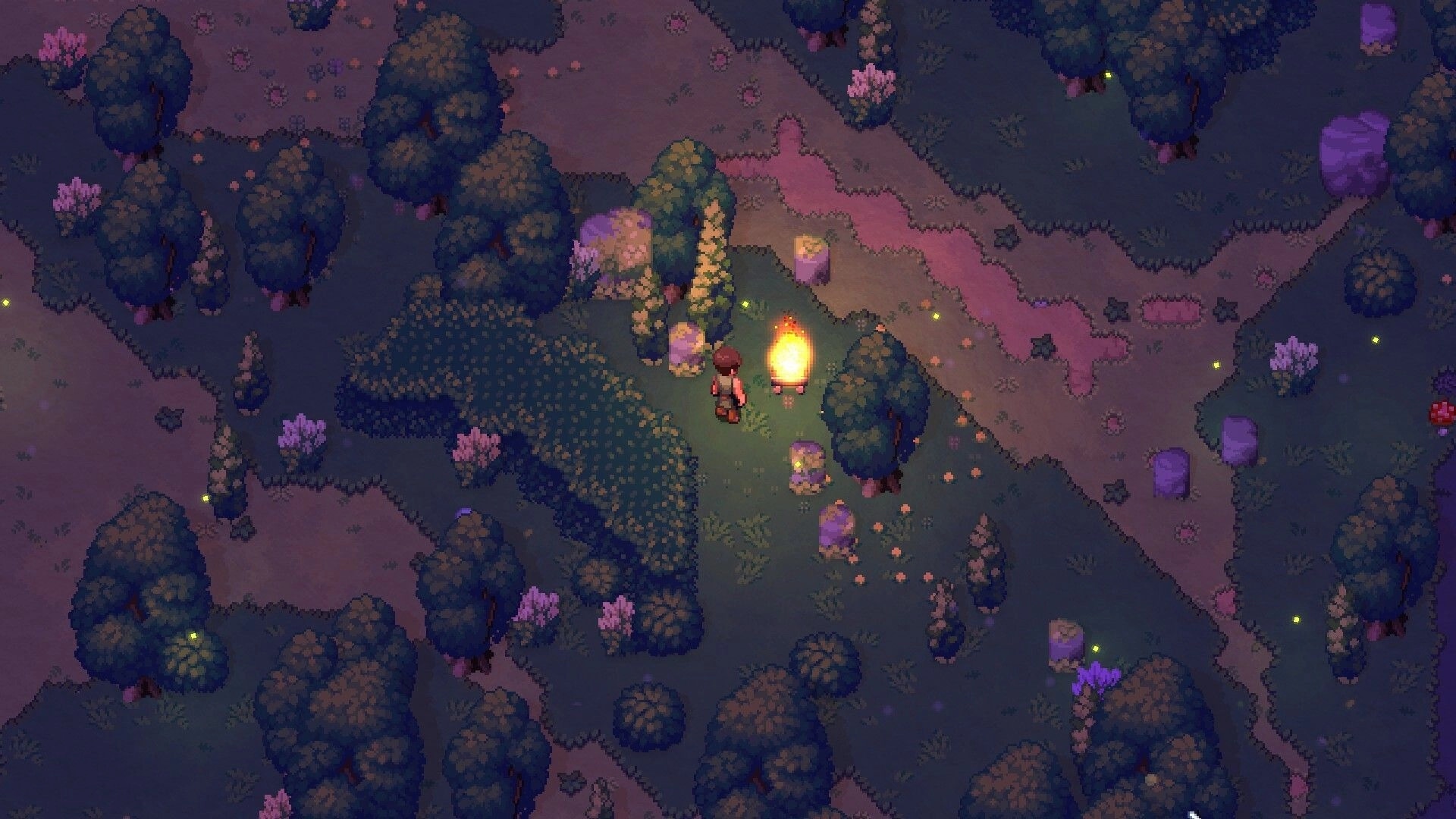 Romestead: Character stands by a bright campfire in a dense, pixelated forest at night.
