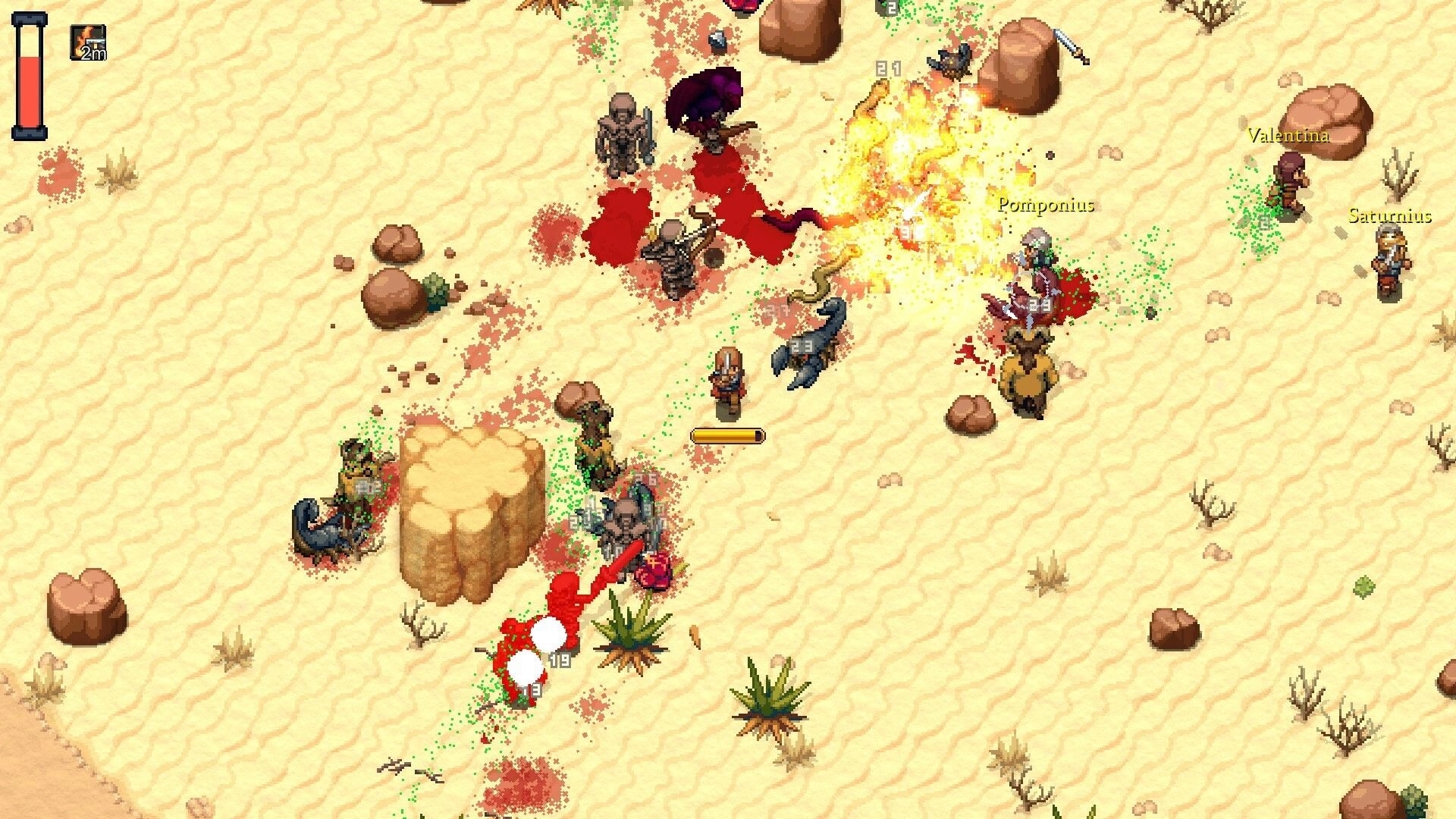 Romestead: Characters Pomponius and Saturnius engage in desert combat with multiple enemies