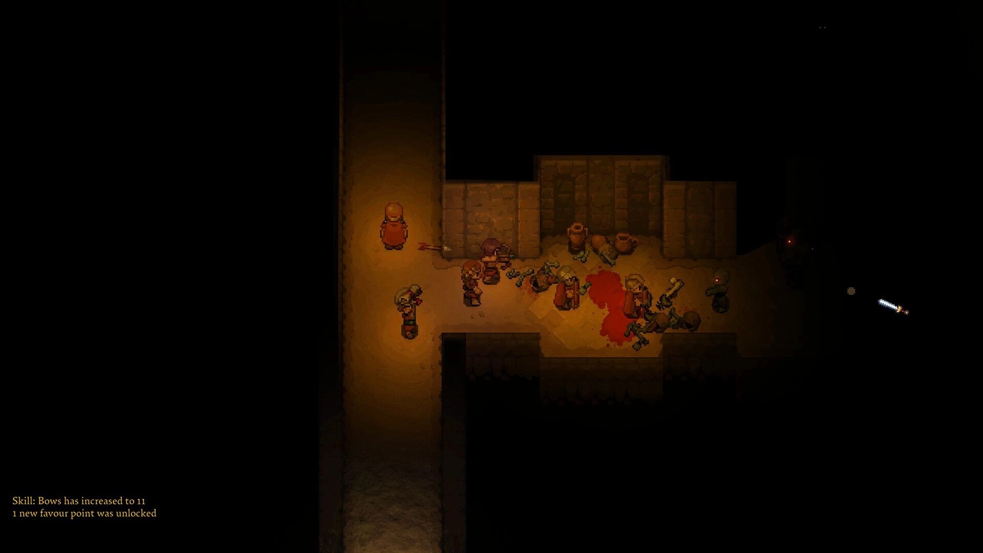 Romestead: Characters in combat with goblins in a dimly lit dungeon corridor, skill and favor text visible