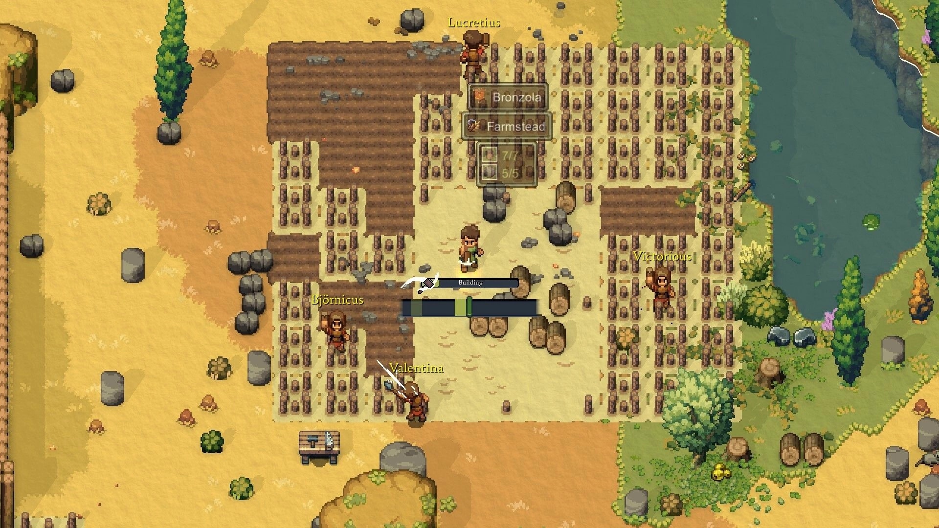 Romestead: Characters farming and building in a desert landscape with a nearby lake and trees
