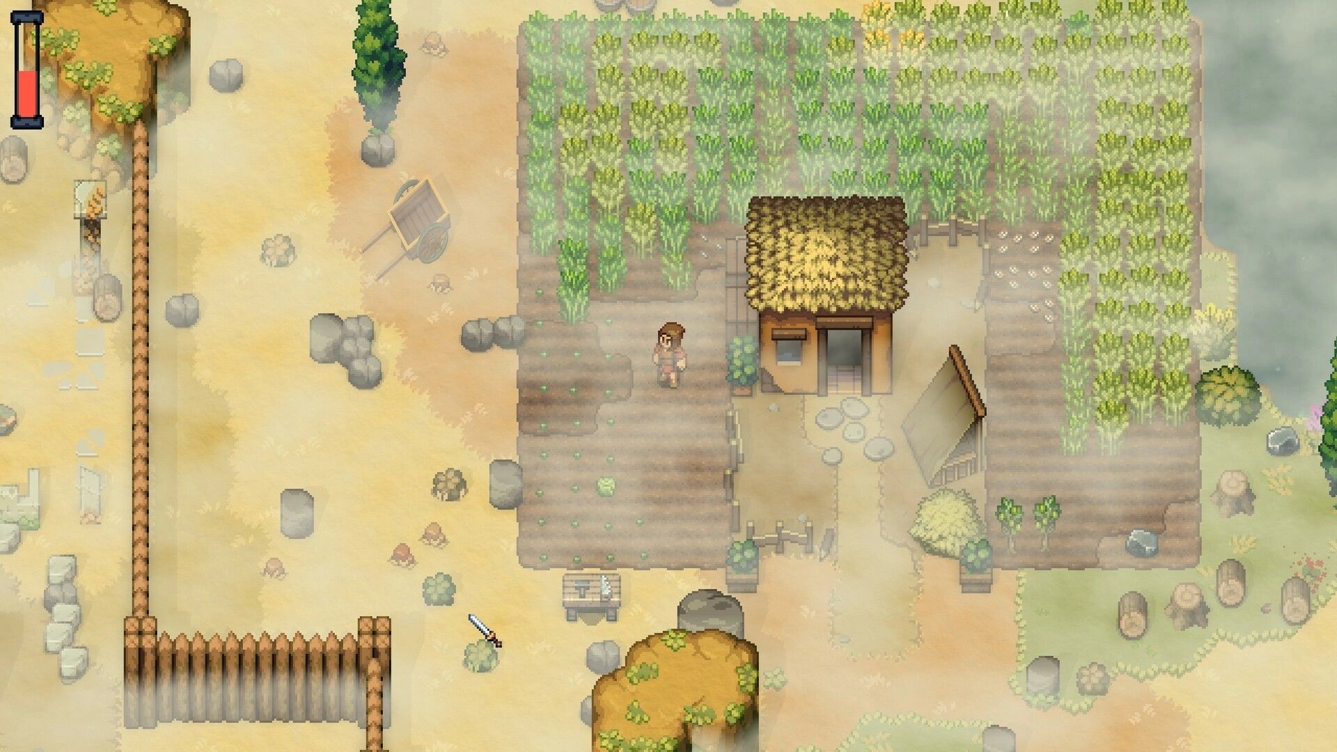 Romestead: Character farming crops beside a small hut in a misty, fenced field environment