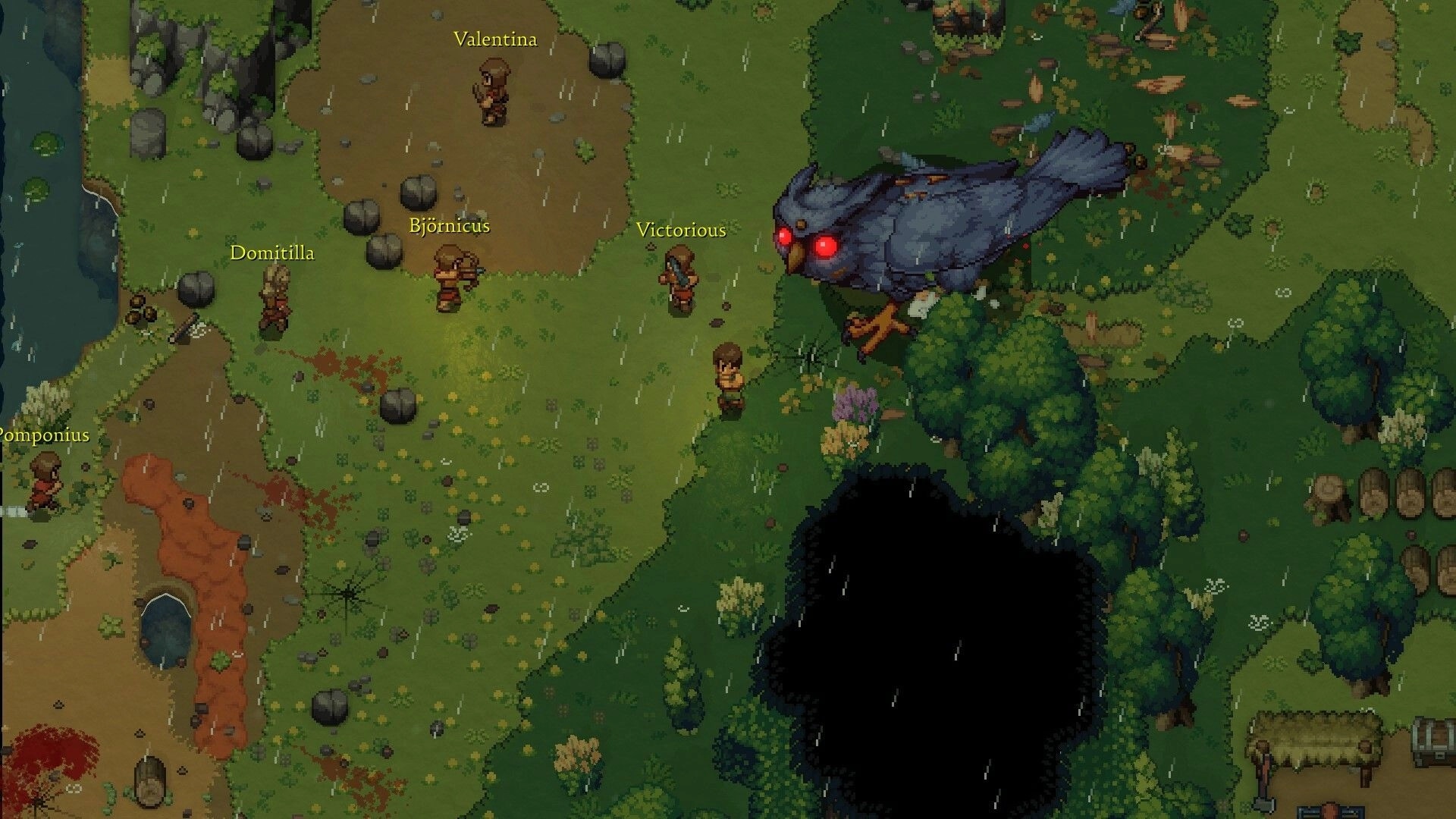 Romestead: Characters explore forest clearing with giant owl nearby during rainstorm