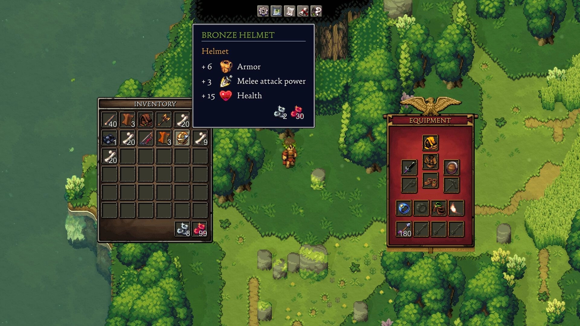Romestead: Character in forest with open inventory and equipment menu showing bronze helmet stats