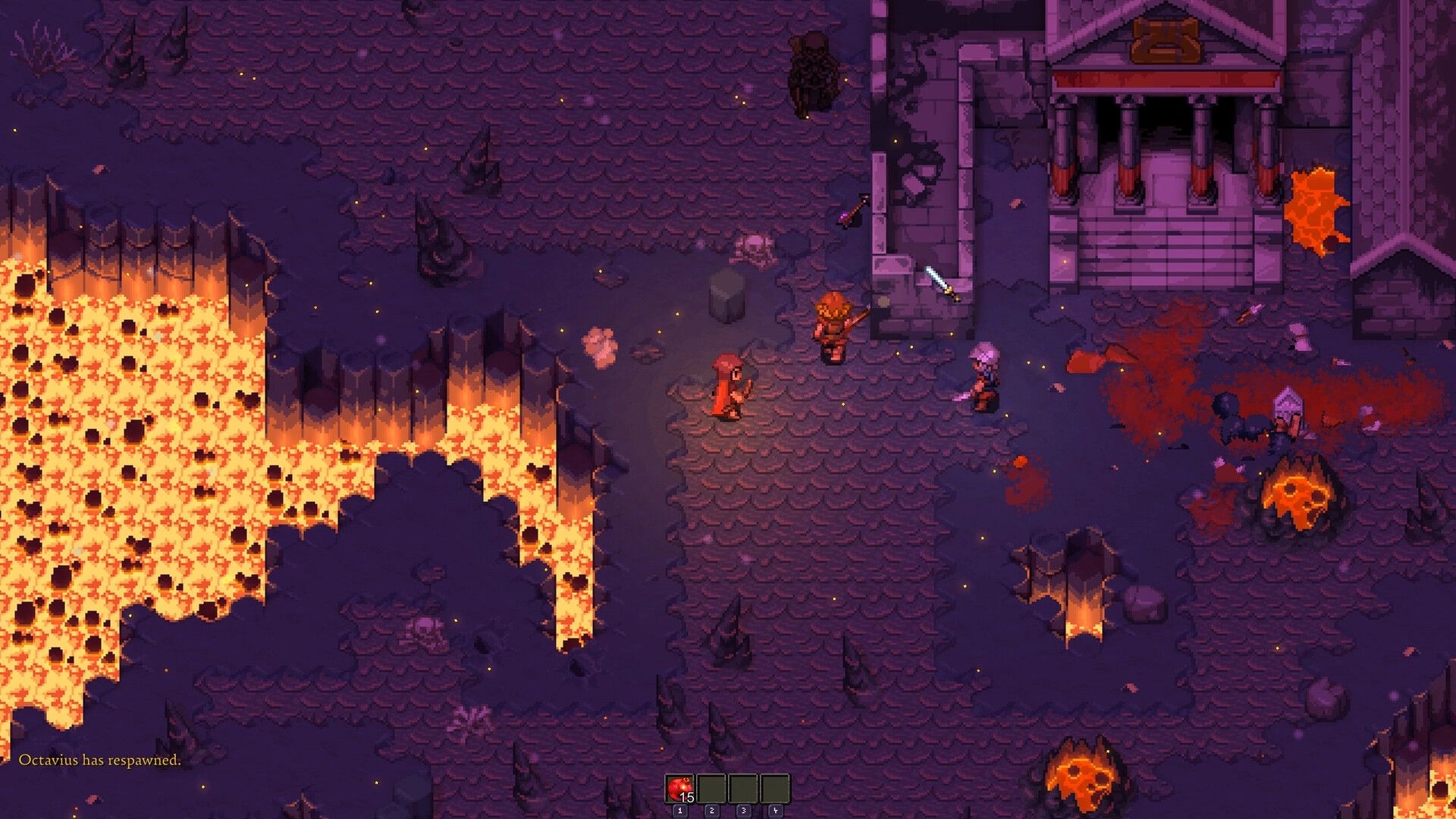 Romestead: Three players explore a lava-filled landscape near ancient temple ruins at night.