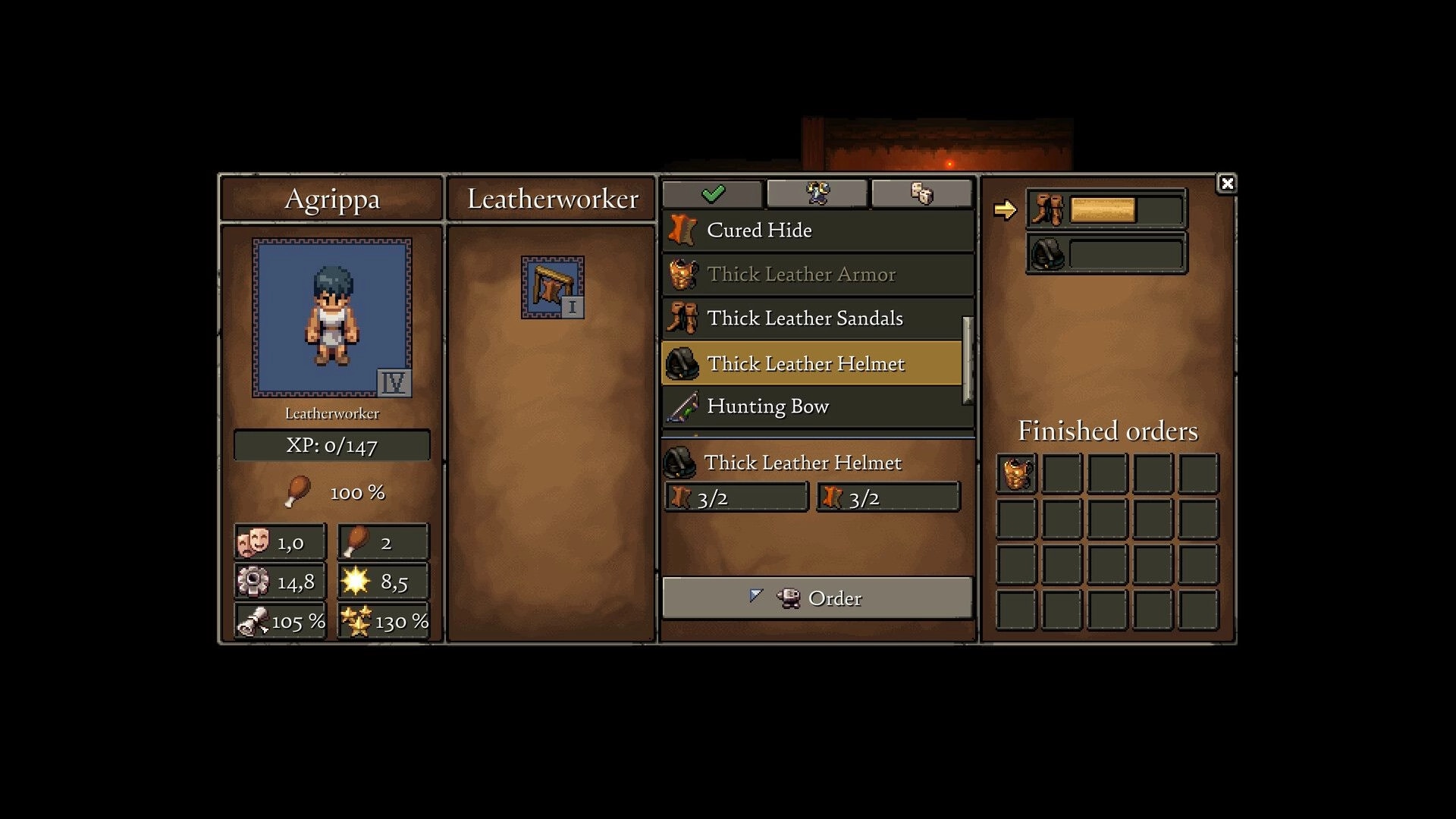 Romestead: Agrippa in leatherworker interface crafting thick leather helmet in workshop setting