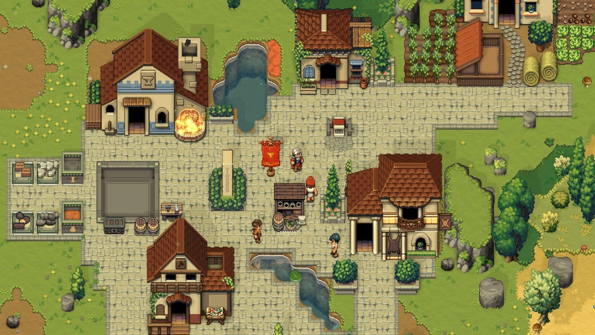 Romestead: Overhead view of a village square with characters, buildings, and a central red banner