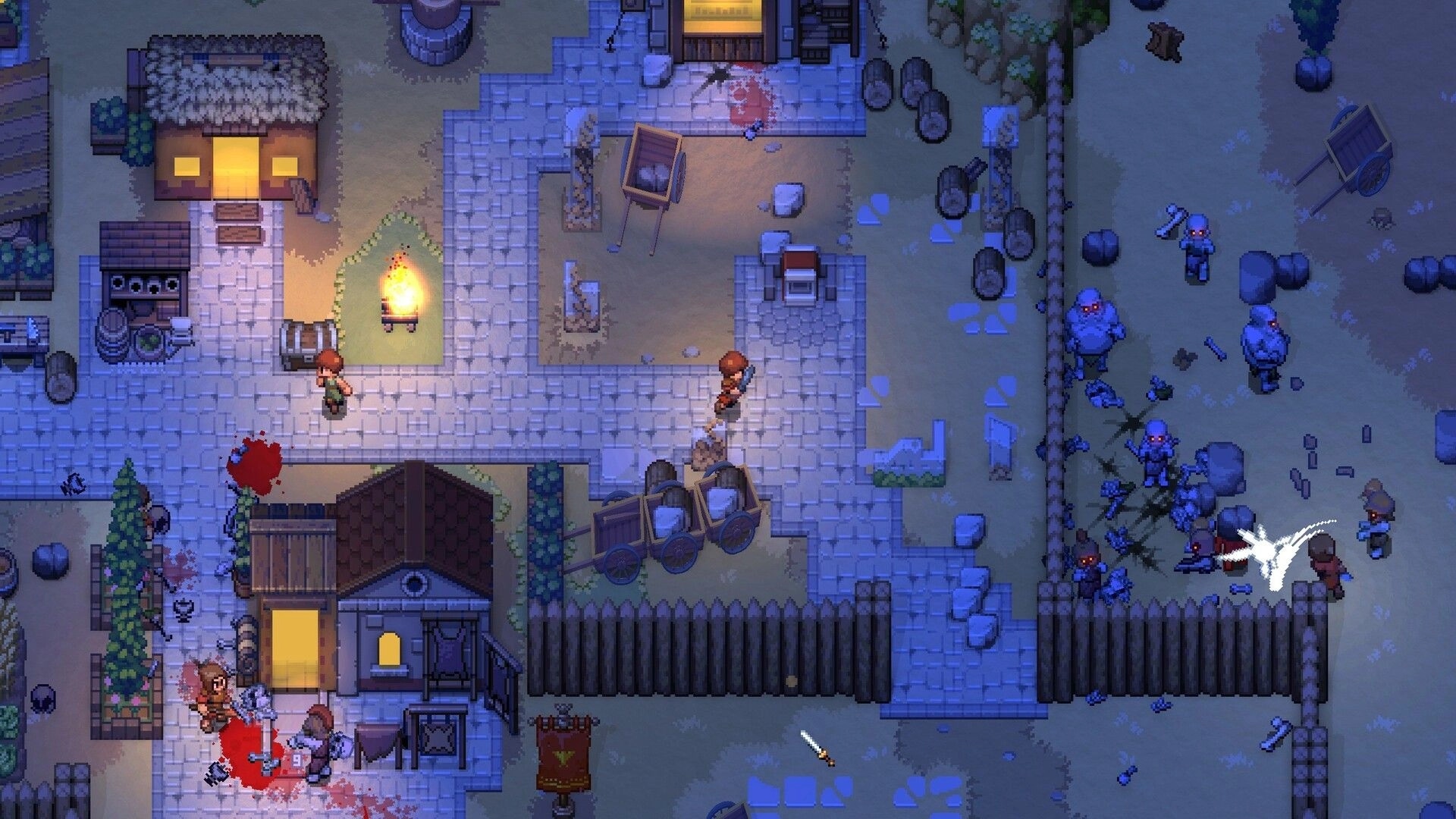 Romestead: Nighttime village combat with players battling zombies near houses and a central campfire