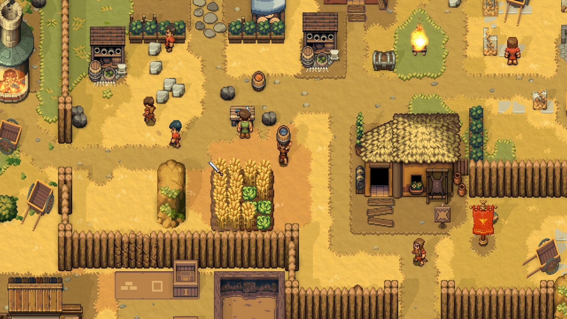 Romestead: Overhead view of a bustling village with characters farming, crafting, and interacting outdoors.