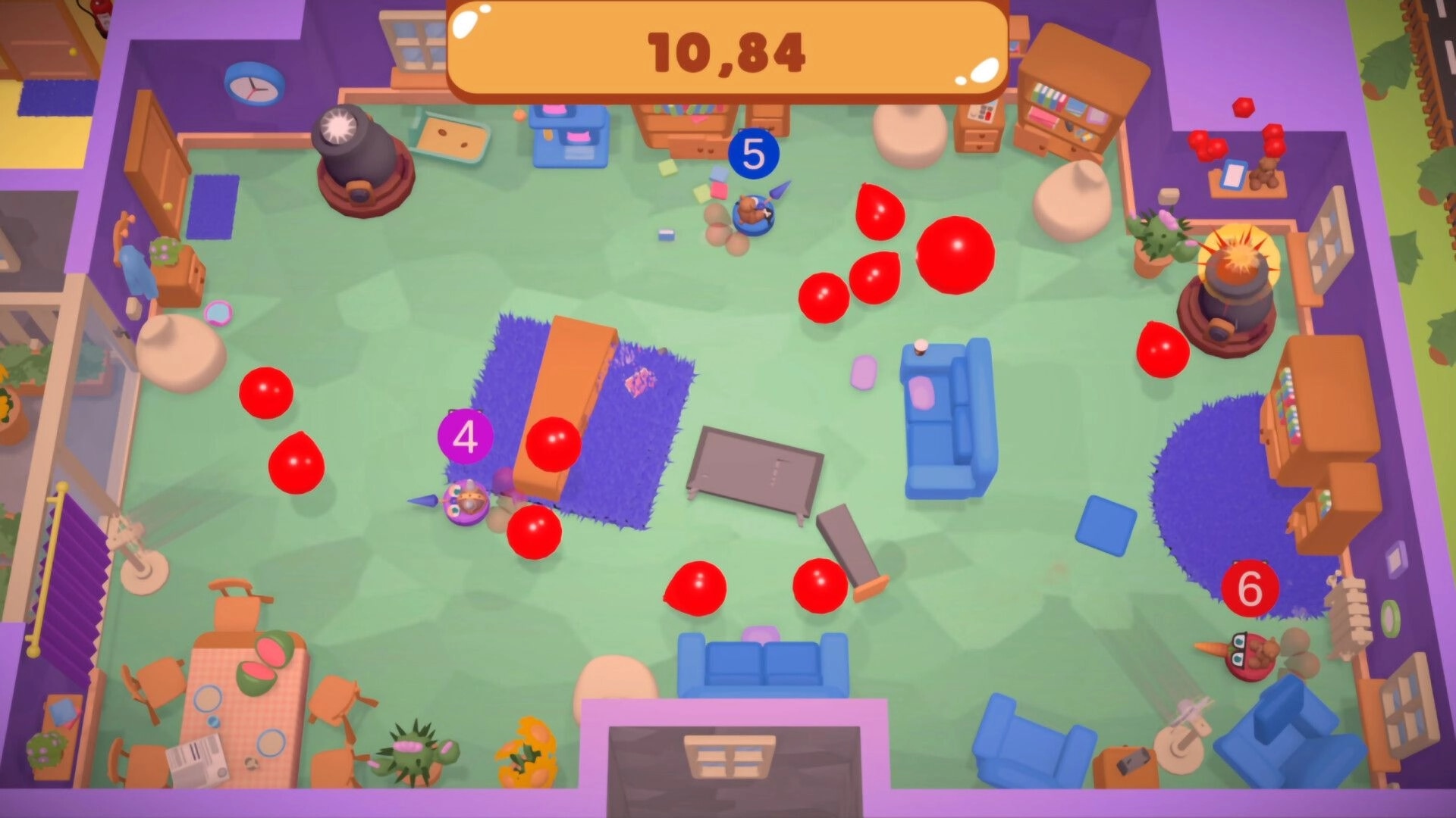 Roombattle: Players burst red balloons in a colorful living room with scattered furniture and decor.