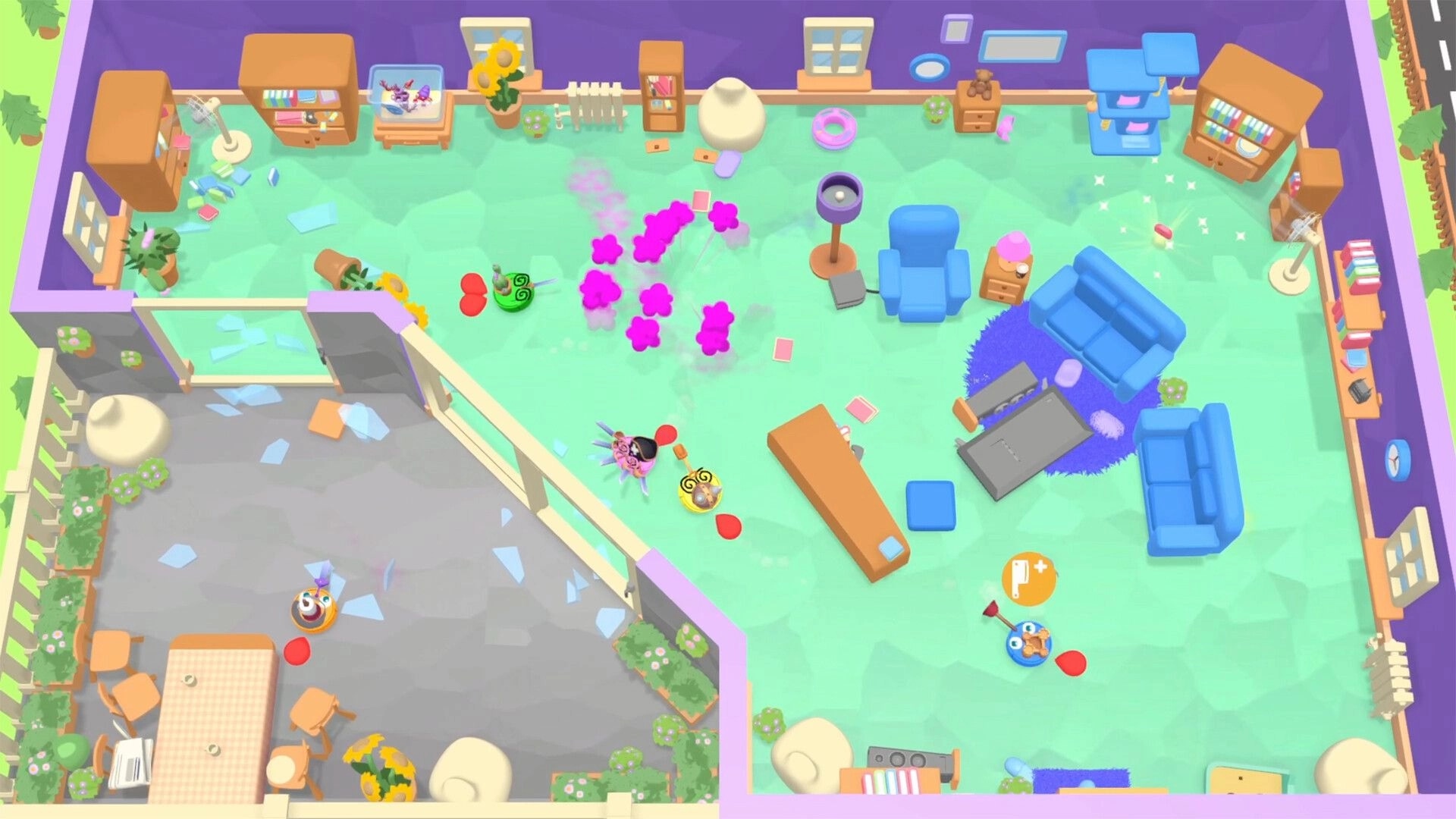 Roombattle: Vacuum cleaners battling and bursting balloons in a colorful living room setting