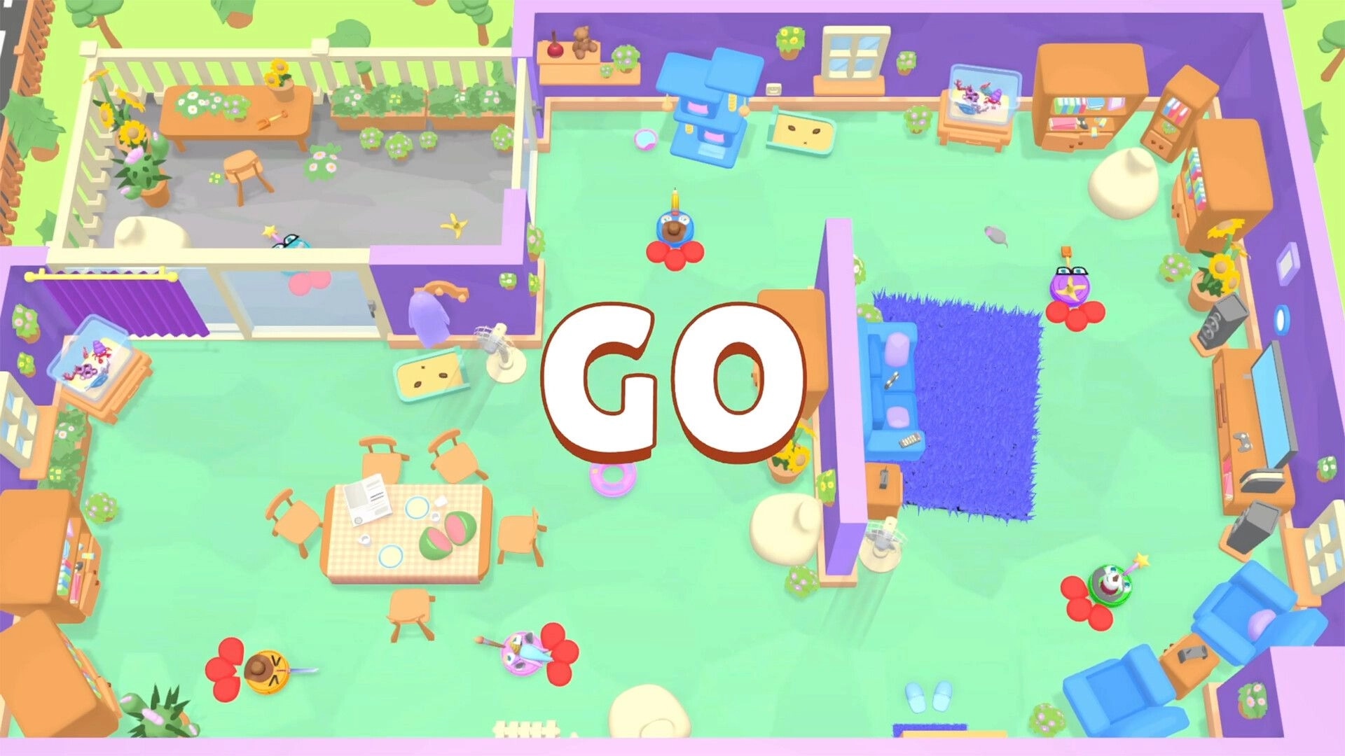 Roombattle: Players with vacuums in colorful living room setting, "GO" text prompts start of action.