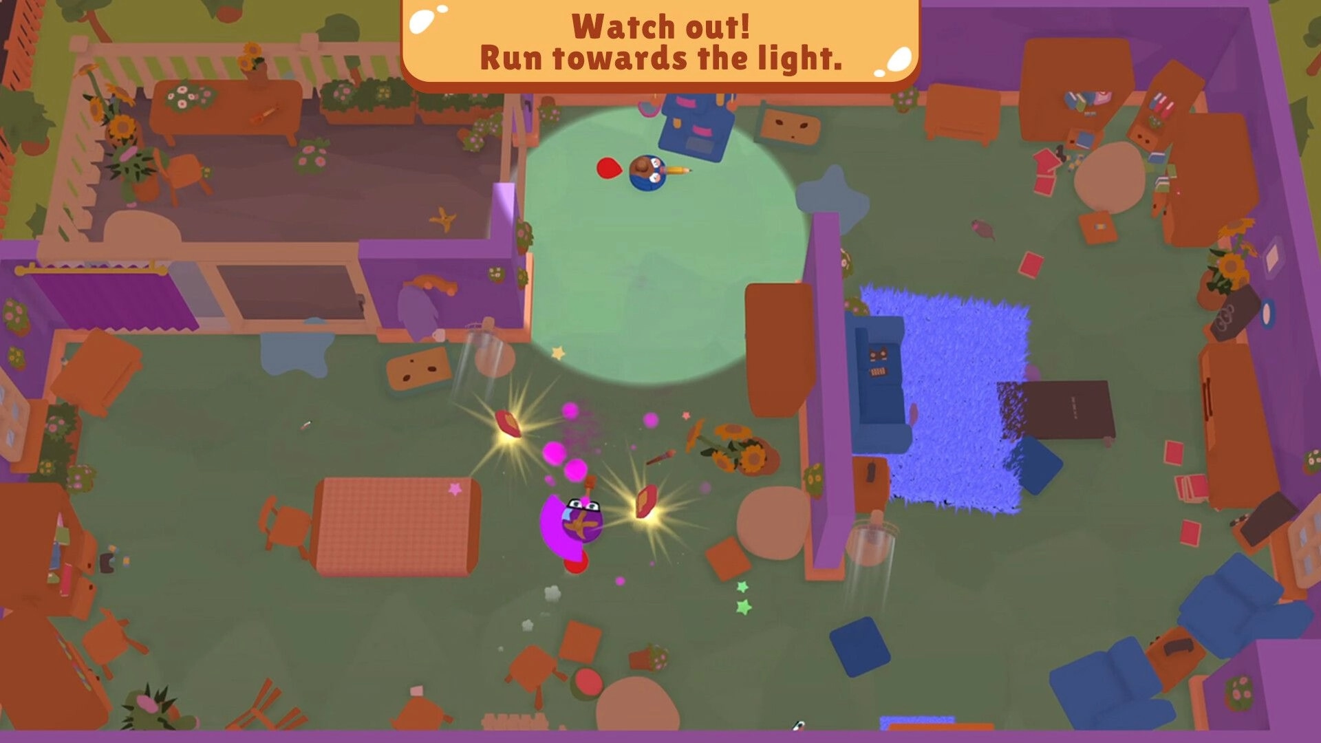 Roombattle: Player vacuum racing towards light in cluttered room with scattered furniture and items