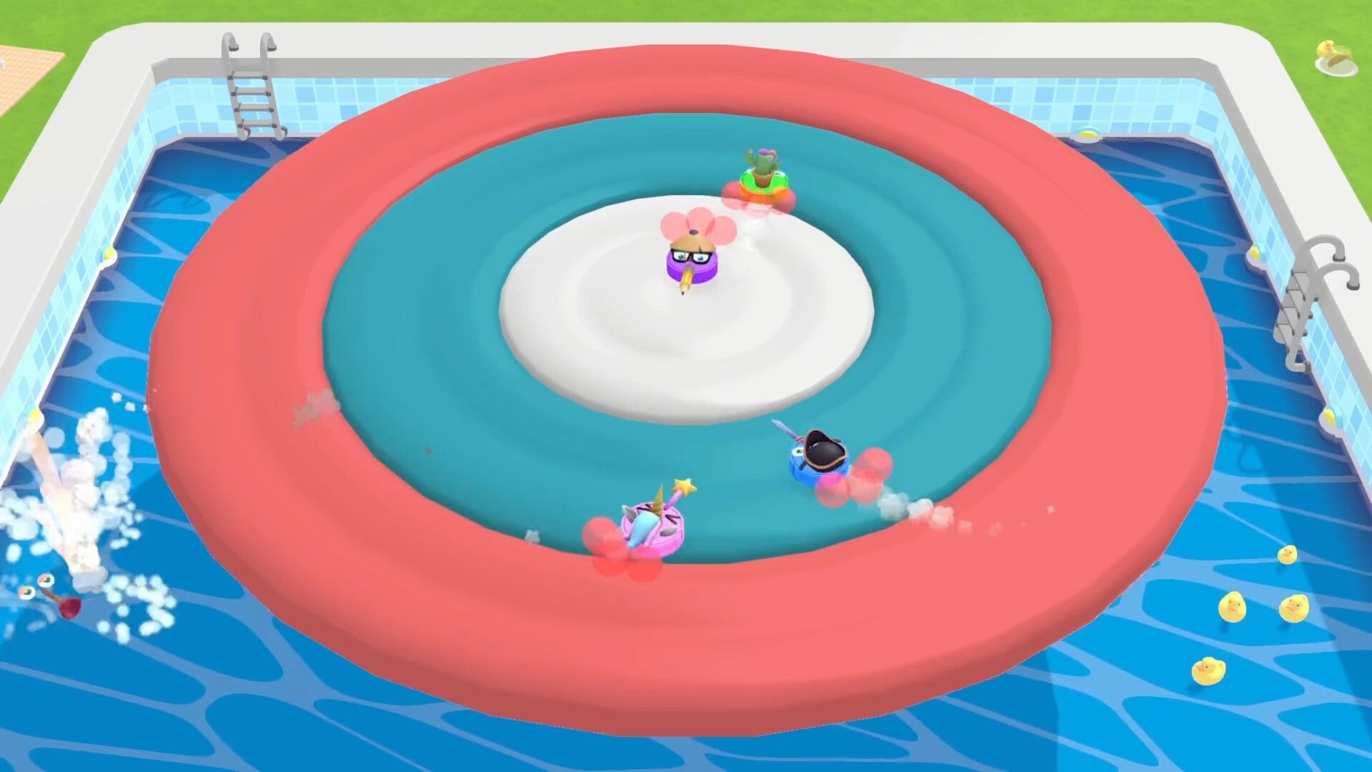 Roombattle: Four characters in bumper cars on a colorful circular platform in a pool environment.