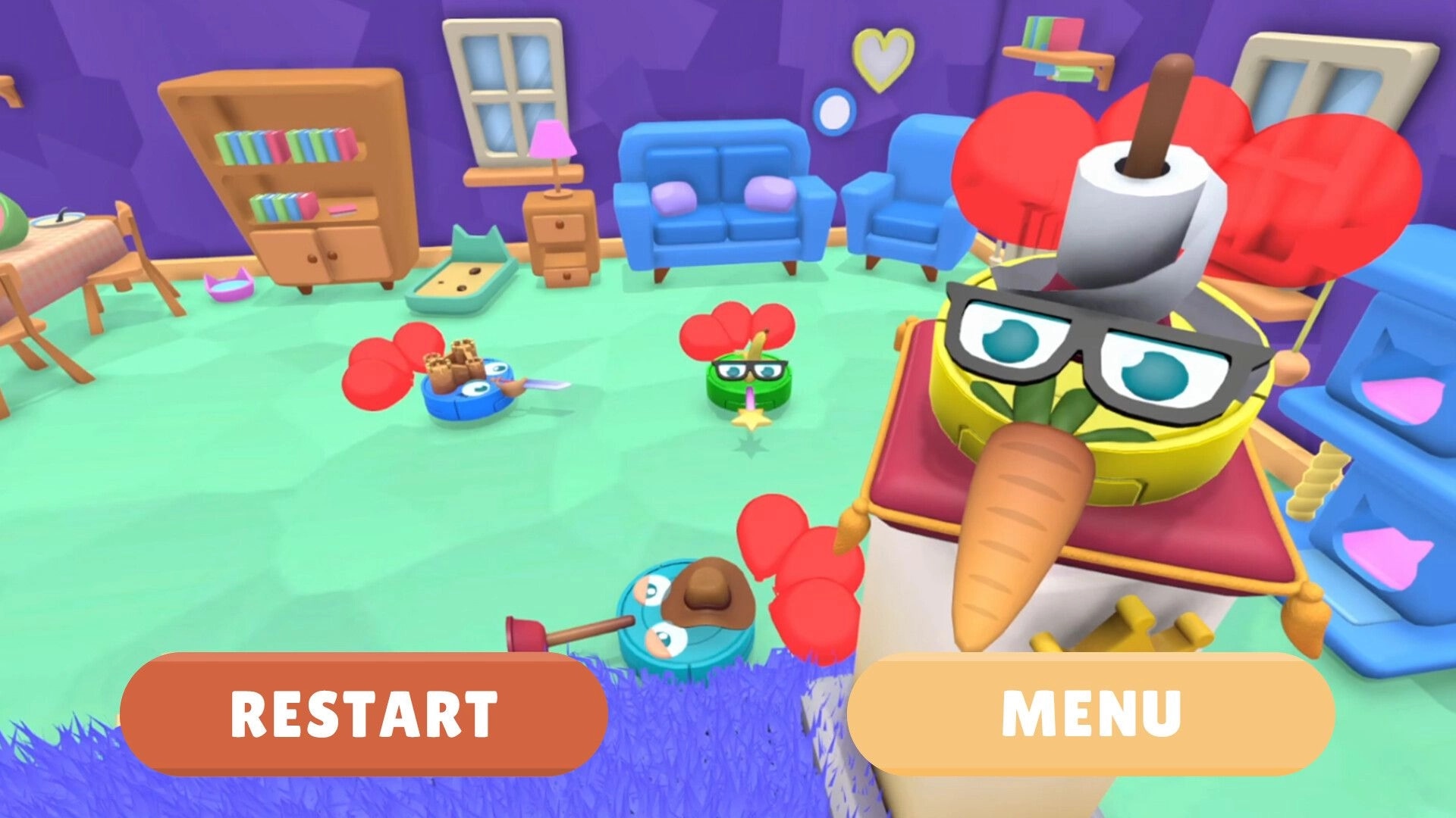 Roombattle: Whimsical vacuum characters with balloon hats in colorful living room with restart menu