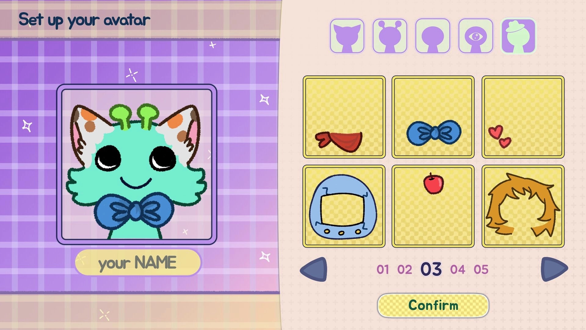 ROOMGAZE: Avatar setup screen with customization options including accessories and hairstyle selection.